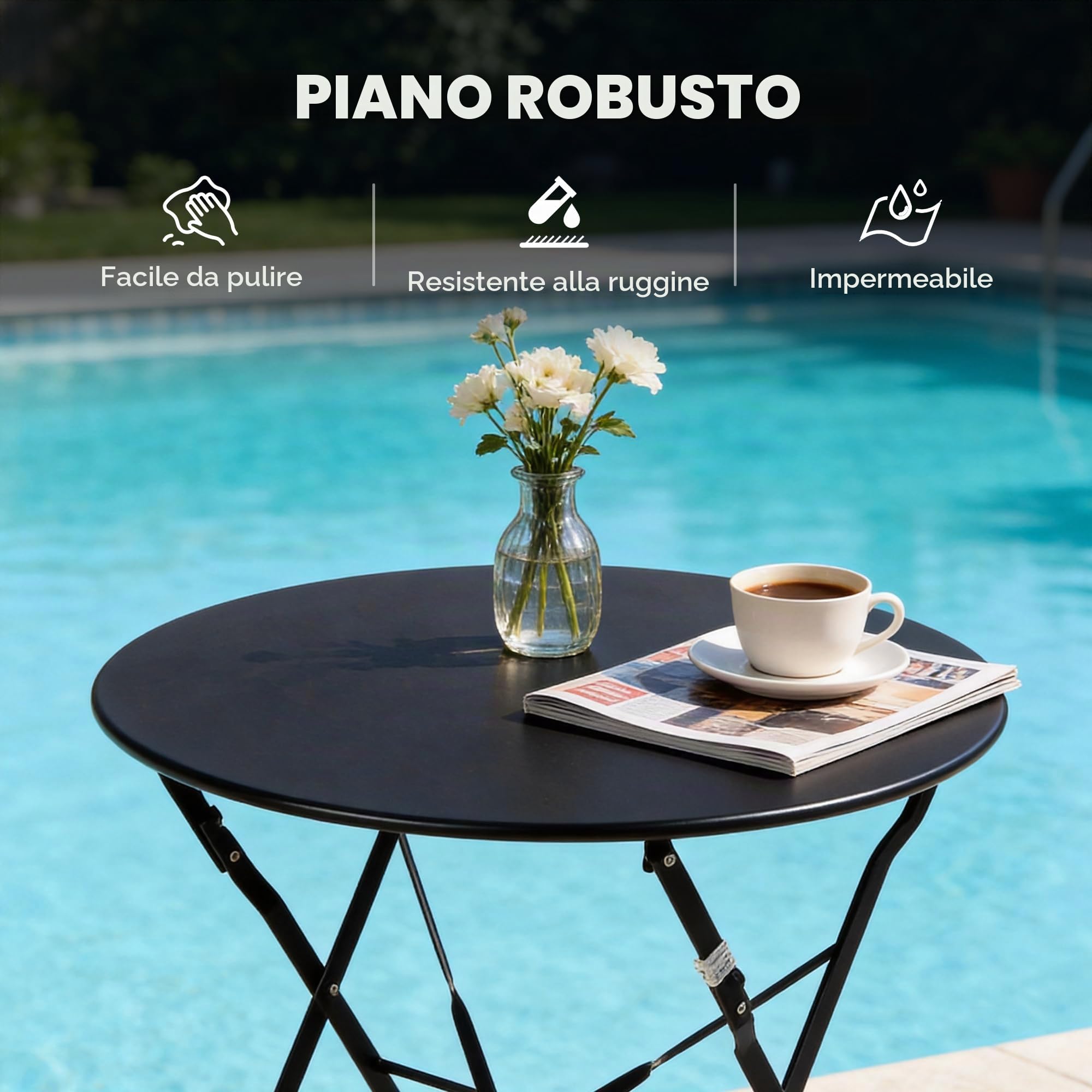 Grand patio Set Bistrò Veranda, 1 Tavolo e 2 Sedie, Ripiegabile, Set da Balcone, Struttura in Metallo, salvaspazio, Set arredo Giardino per Balcone, Esterno (Nero)