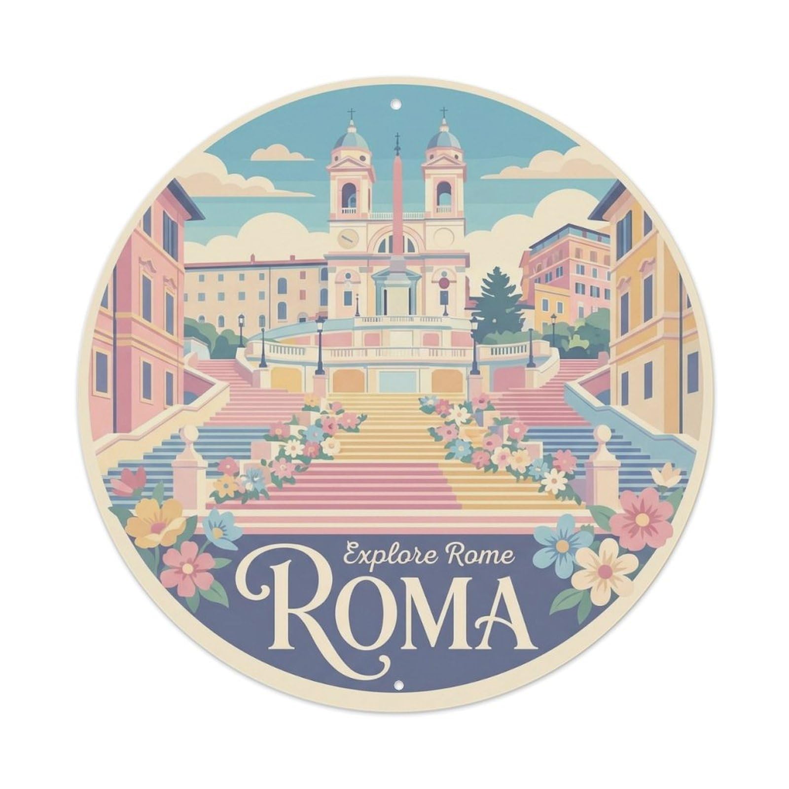 Italy Square Historic Tourism Scenic Classic Destination Metal Tin Sign Plaque Wall Decor for Cafe, Man Cave, Club Bar, Office, Home Garden Round Metal Poster 8x8Inch