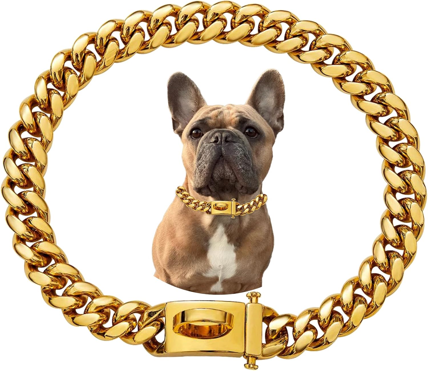 Stainless Steel Charm Metal Gold Chain Dog Collar with Buckle, Waterproof Anti-Chew Cuban Link Chain Bulldog Pendant Necklace Collar for Medium Large Dogs