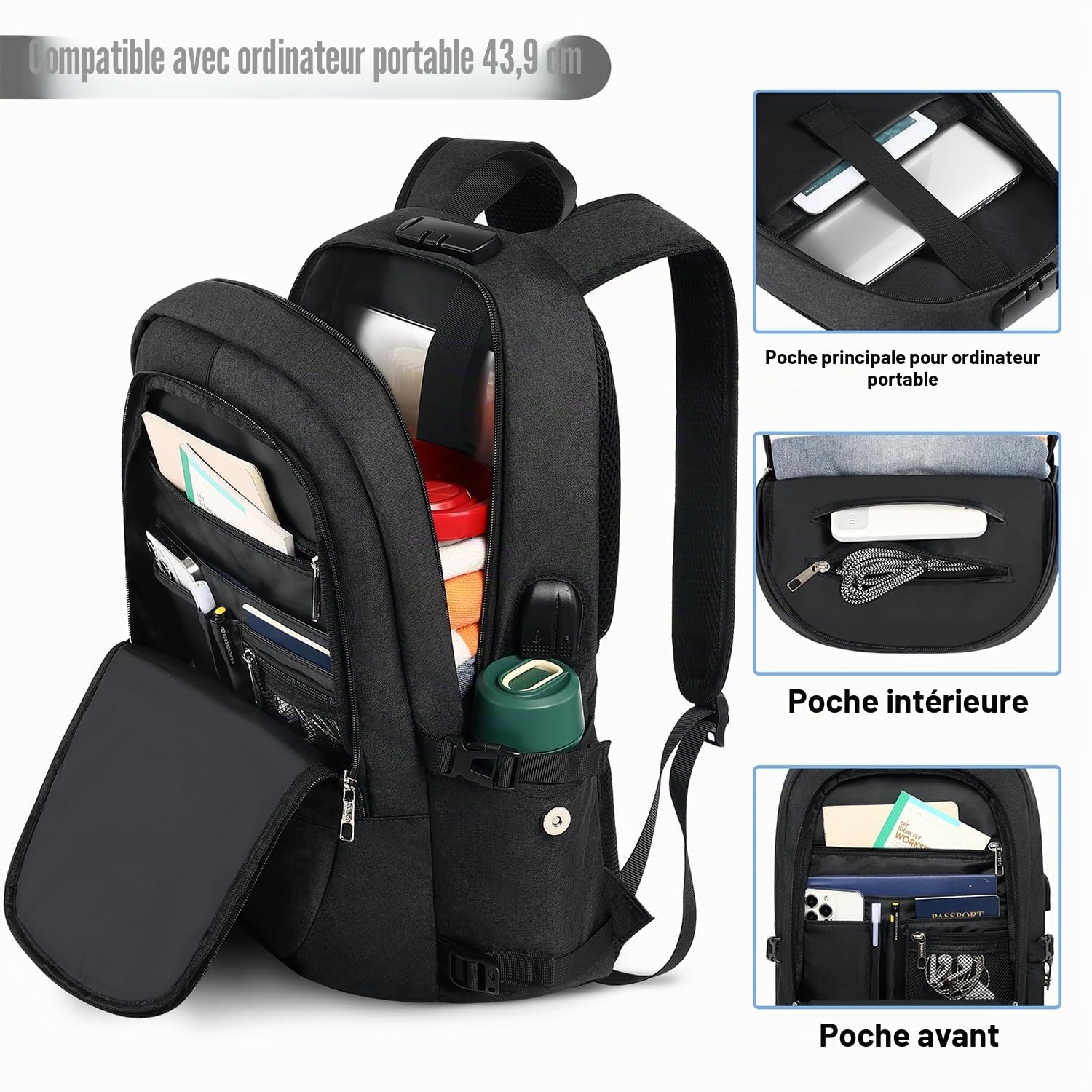AMBOR Sac à Dos Ordinateur Portable 17.3 Pouces Imperméable avec USB Charging Port Noir