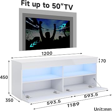 LED TV Unit Stand with RGB LED Lighted, High Gloss TV Stand with 2 Pull-Down Door, Modern Wall Mounted TV Cabinet with Open Storage Shelves and Drawers for Living Room, 1200x350x450mm, White
