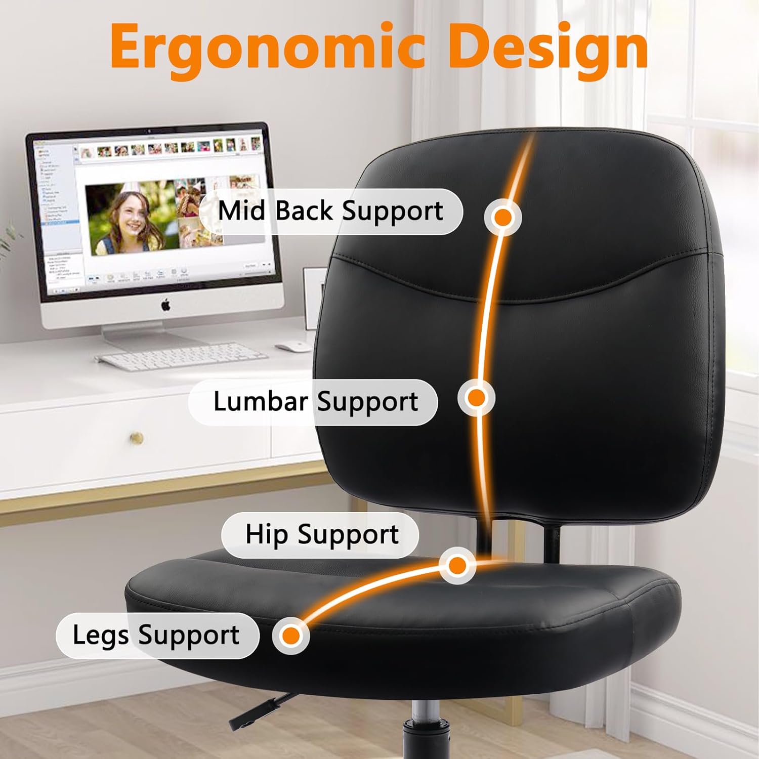 CLATINA Armless Home Office Chair,Small PU Leather Ergonomic Low Back Desk Chair with Lumbar Support and Wheels, Adjustable Height 360° Swivel Rolling Computer Task Chair, Black, 8 Pack