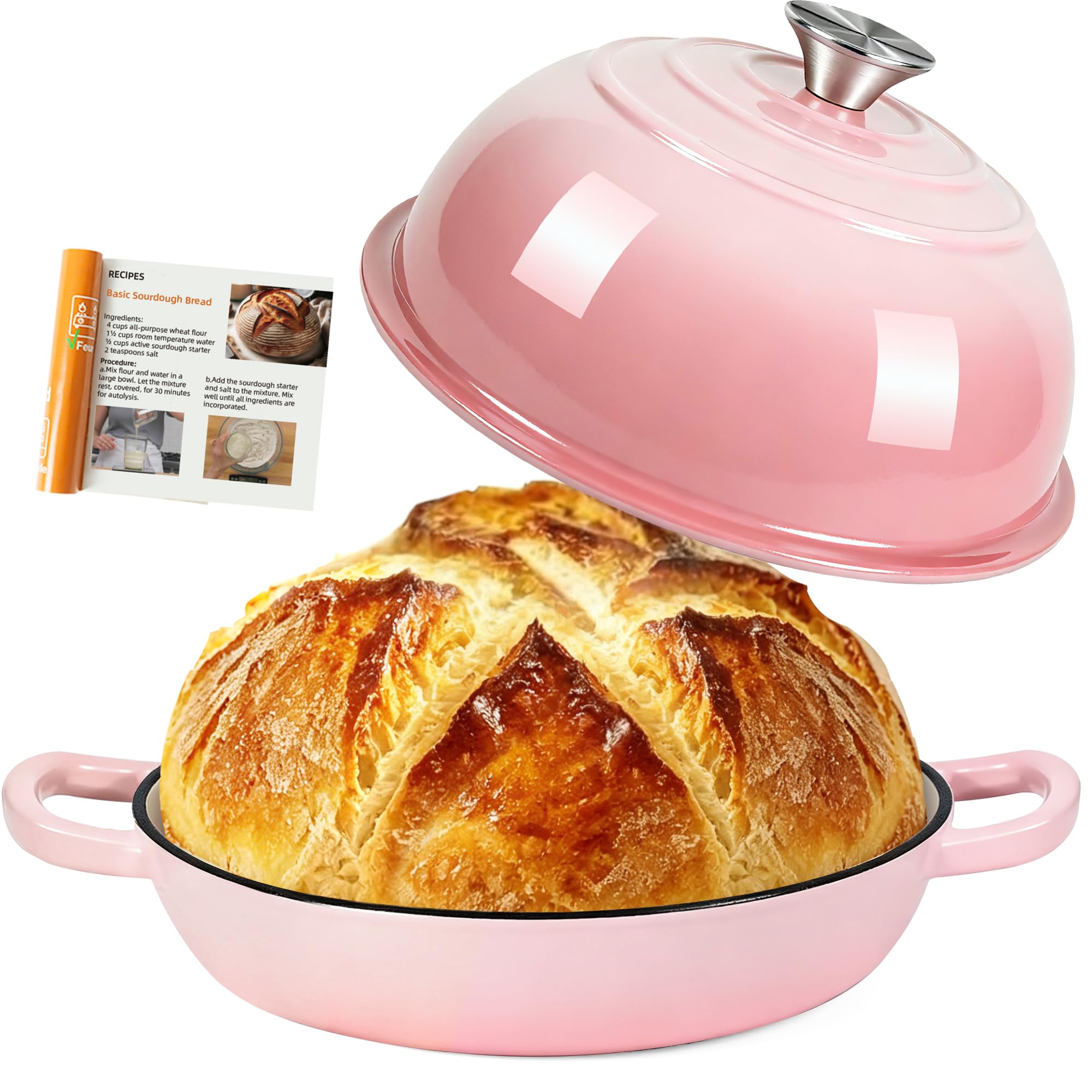 AHJ Dutch Oven For Sourdough Bread Baking,26cm/5.7L Enameled Cast Iron Dutch Oven,Non-Stick Sourdough & Casserole Dish,Casserole Pot for Bread Baking,Roasting,Best Gift for Valentine's Day (Pink)