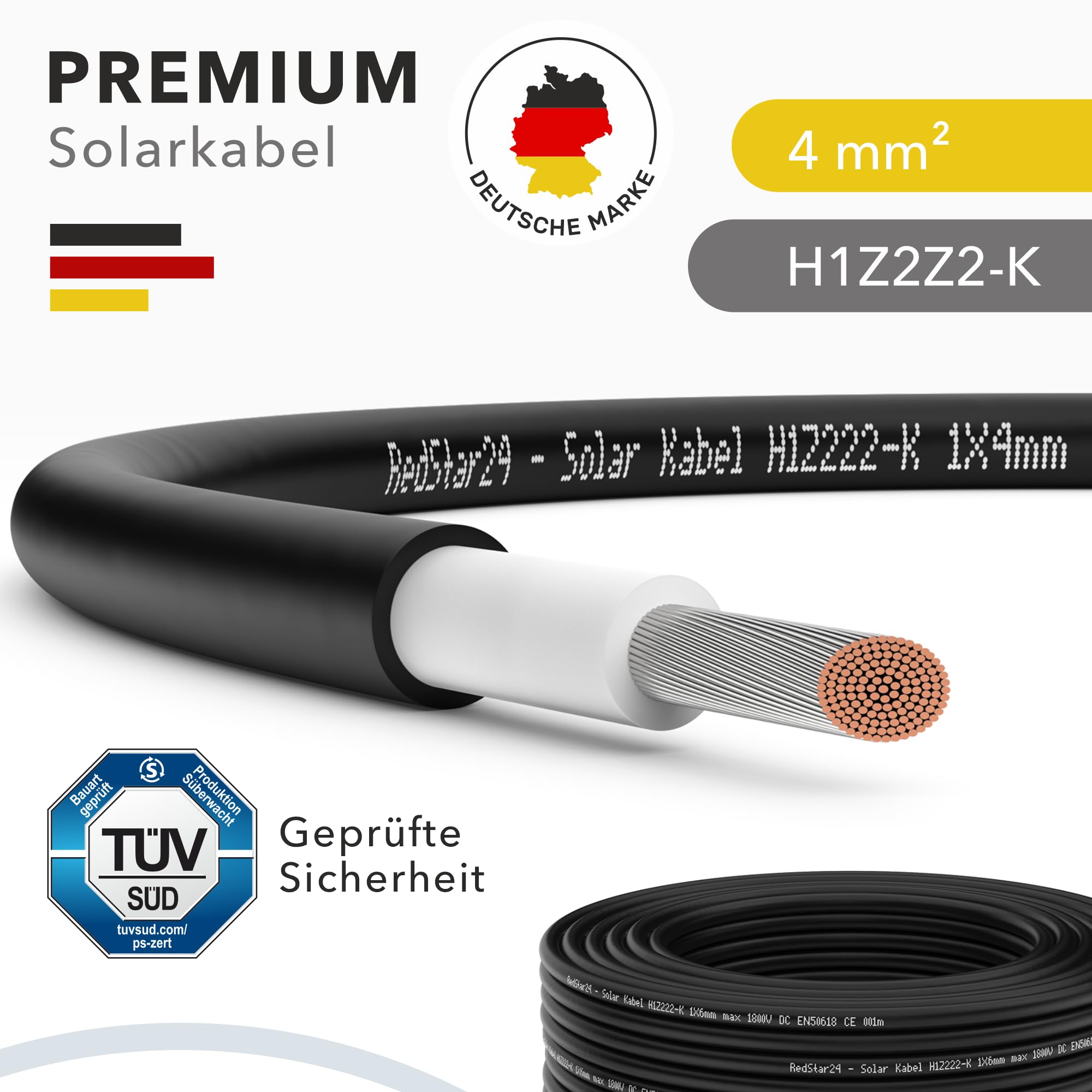 RedStar24 Premium Solarkabel 4mm² Schwarz - 100m - TÜV SÜD geprüft - UV-beständig, flexibel, Photovoltaik Kabel, PV Kabel, Solar Anschlusskabel für Solarpanel, Wechselrichter & Laderegler - langlebig