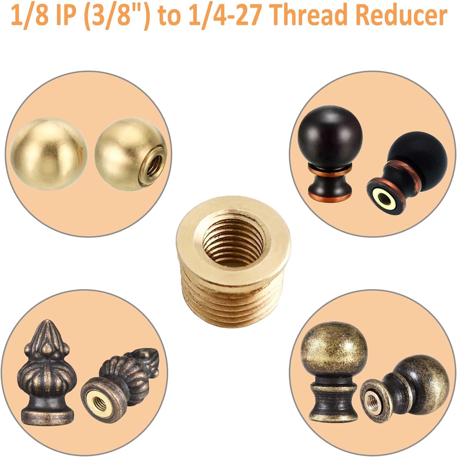 4 Pcs Brass Lamp Finials Adapter - 1/8 IP (3/8") to 1/4-27 Thread Reducer, 10mm Polished Decorative Top Cap for Table & Floor Lamps, Copper Tone Finish (0.39"x0.31")