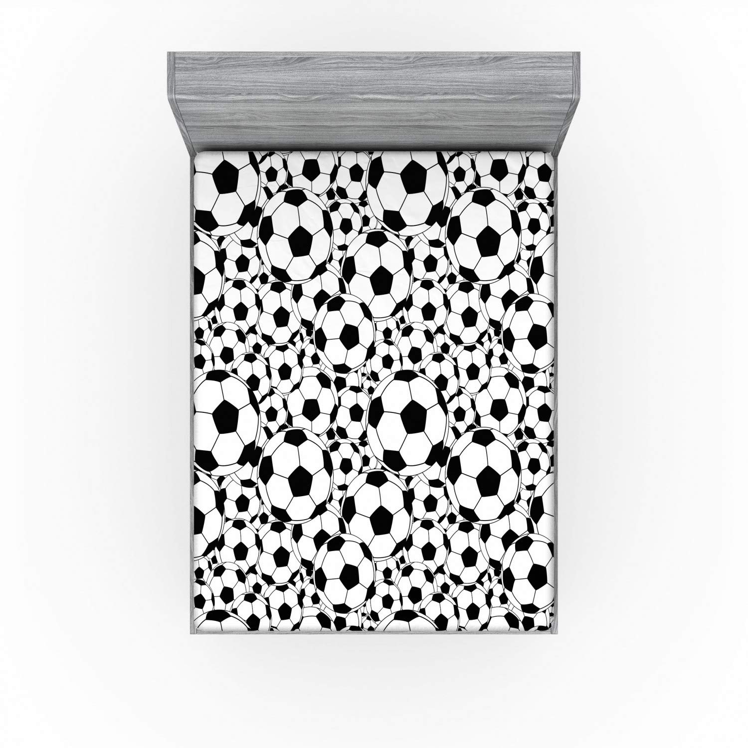 Ambesonne Soccer Fitted Sheet, Monochrome Design Pattern of Classical Football Balls Cartoon Pattern Sports Themed, Bed Cover with All-Round Elastic Deep Pocket for Comfort, King Size, Black White