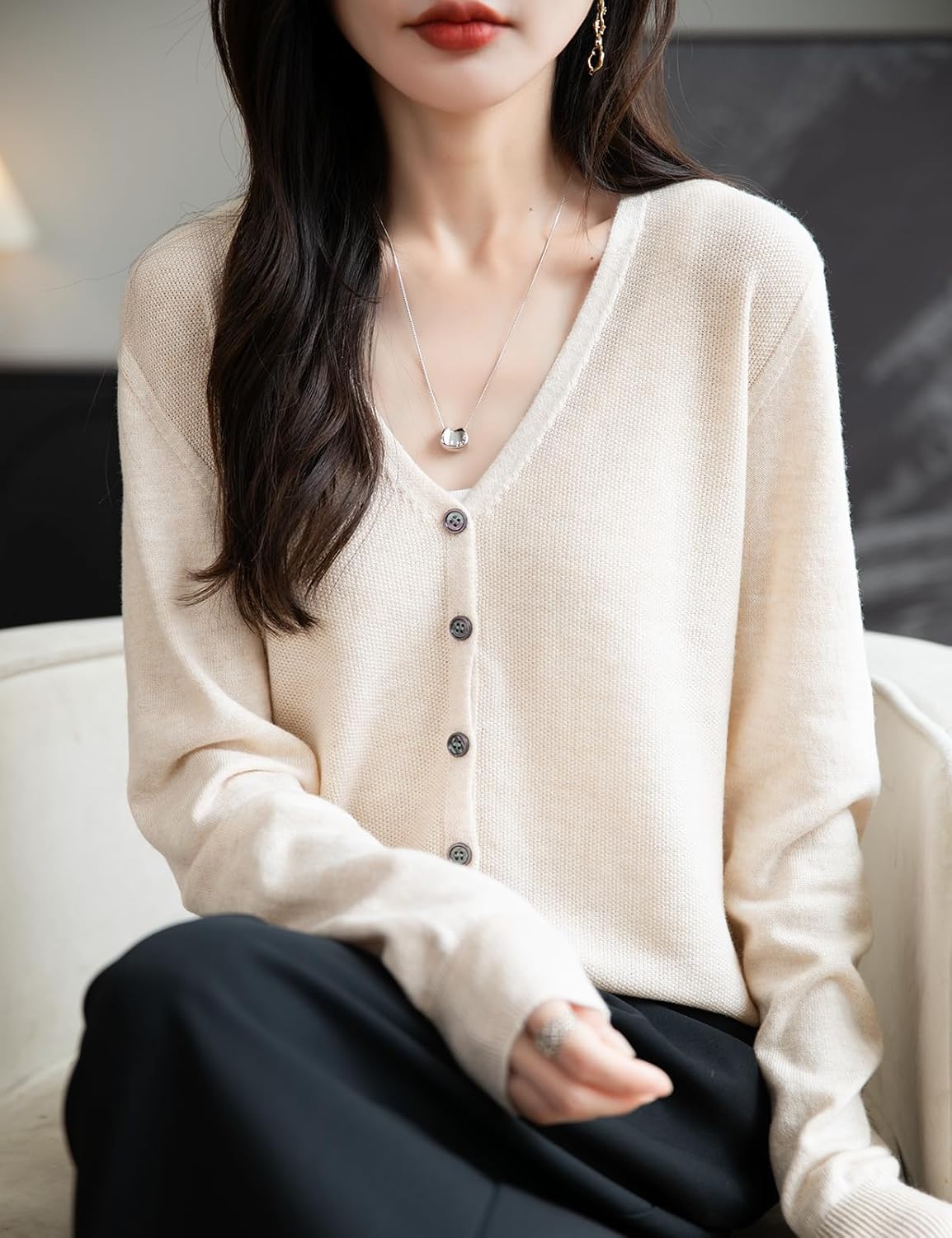 Women's Merino Wool Blend Cardigan V-Neck Fall Winter Long Sleeve First-Line Ready to Wear Seamless Knit Cardigan - Image 2