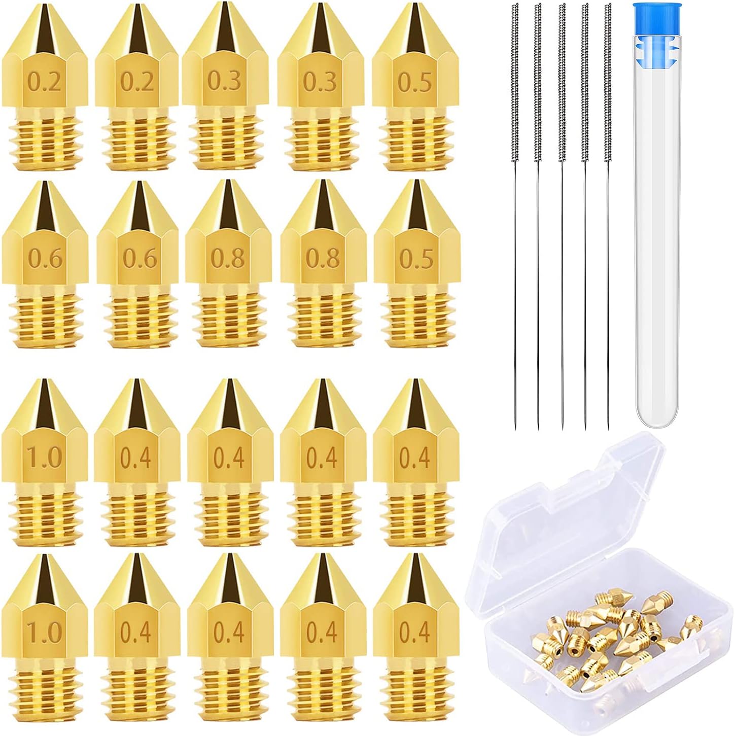 25Pcs 3D Printer Nozzle Kit MK8 Extruder Nozzles Brass Print Head 0.2mm, 0.3mm, 0.4mm, 0.5mm, 0.6mm, 0.8mm, 1.0mm with Storage Box Compatible with 3D Printer Makerbot Creality CR-10 Ender 3 5 : Industrial & Scientific