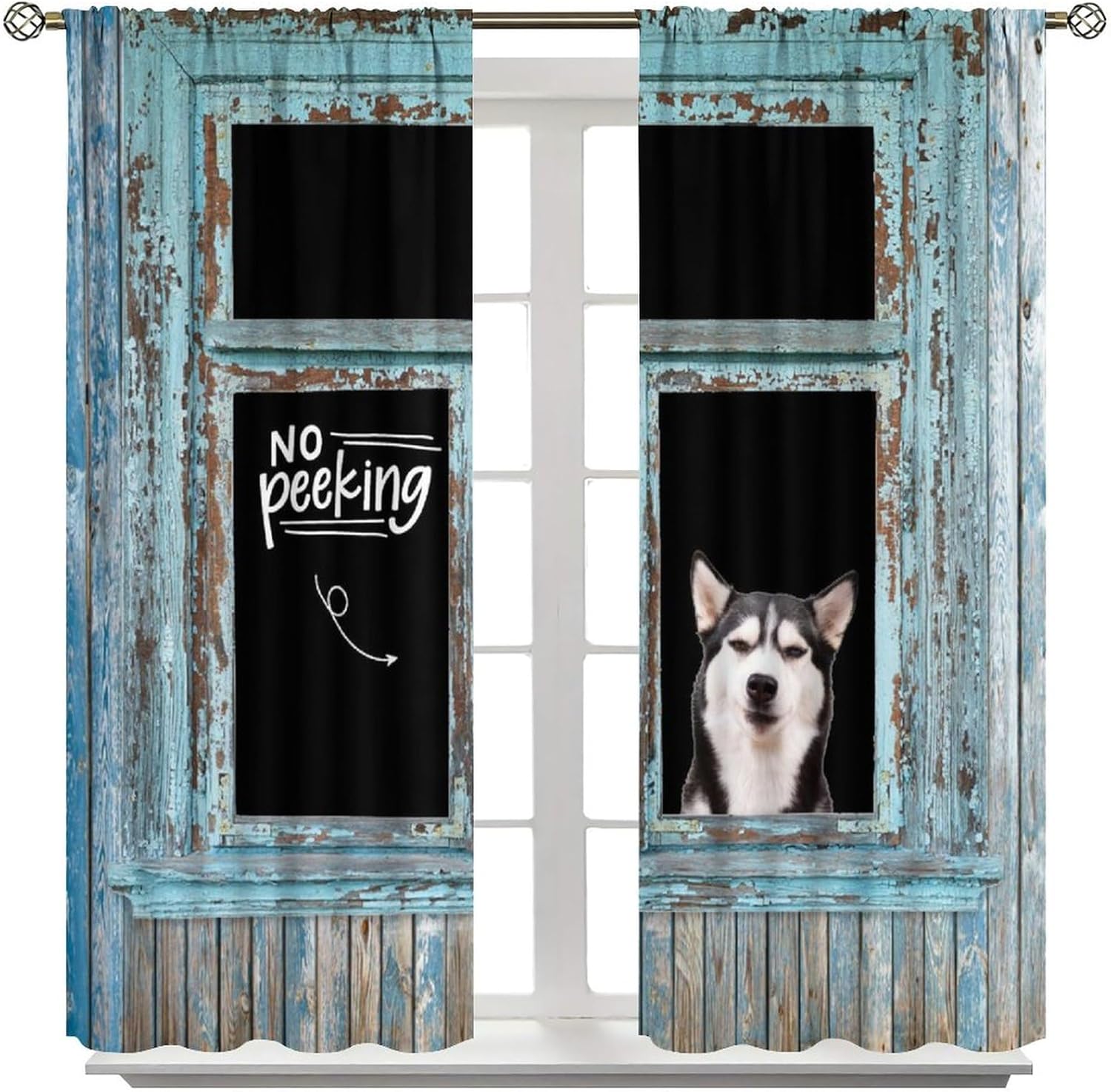 Funny Dog Curtain Cute Animal Rustic Farmhouse Wooden Country Pet Lover Husky Printed Rod Pocket Blackout Window Treatments for Bedroom Living Room 42" W X 45" L