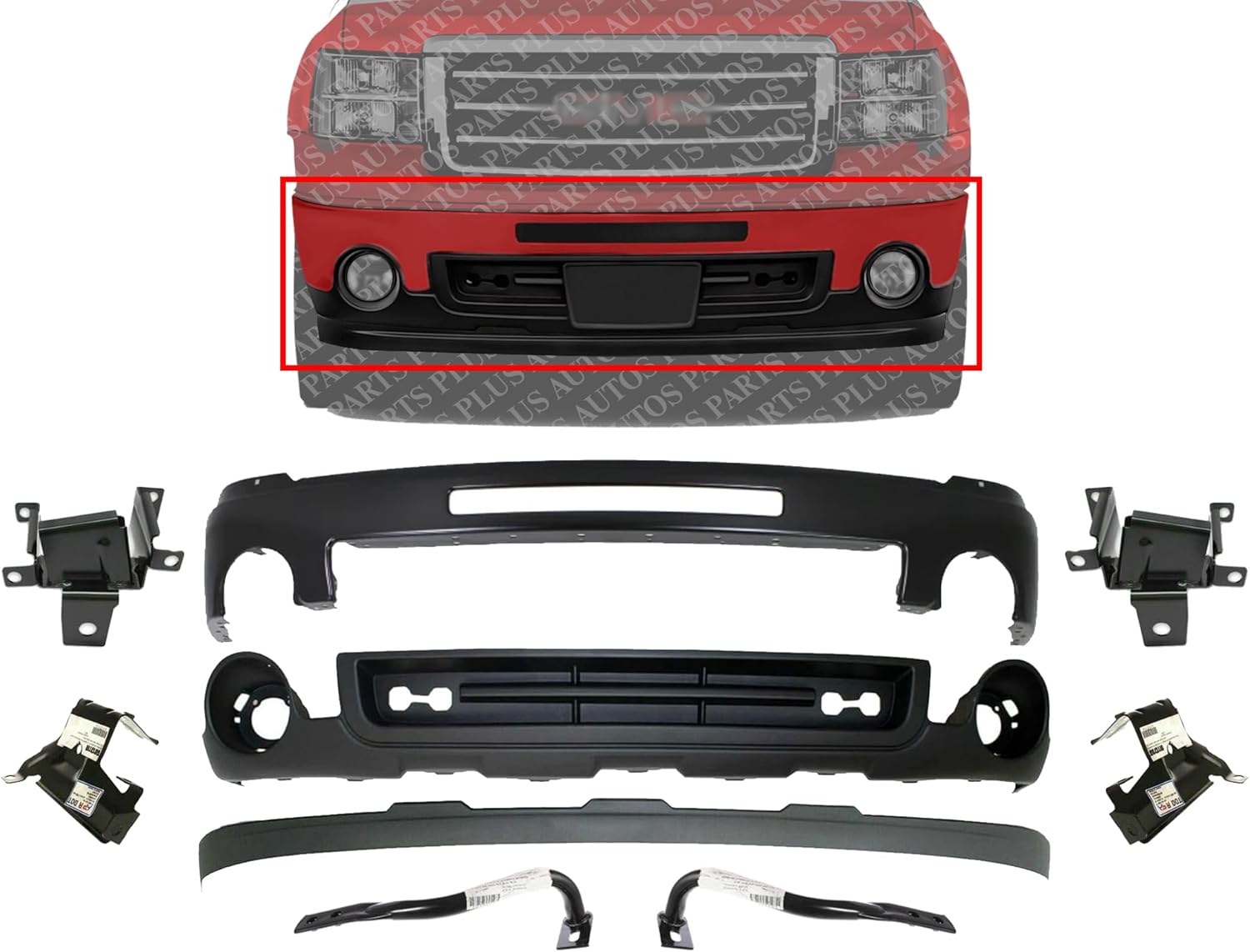 Front Bumper Primed Steel + Lower Valance Air Deflector + Extension Textured + Bracket Set Of 6 Direct Replacement Compatible With GMC Sierra 1500 2007-2013 GM1015100 GM1002832