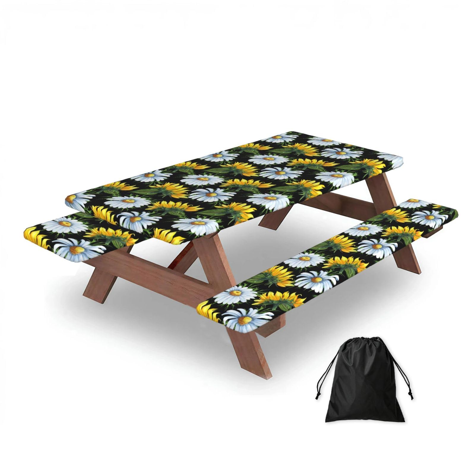 Dopklna As Picture Sunflower Daisy, Picnic Table Cover With Bench Covers -Waterproof Elastic Fitted Tablecloth For Garden Camping Patio 76X152cm