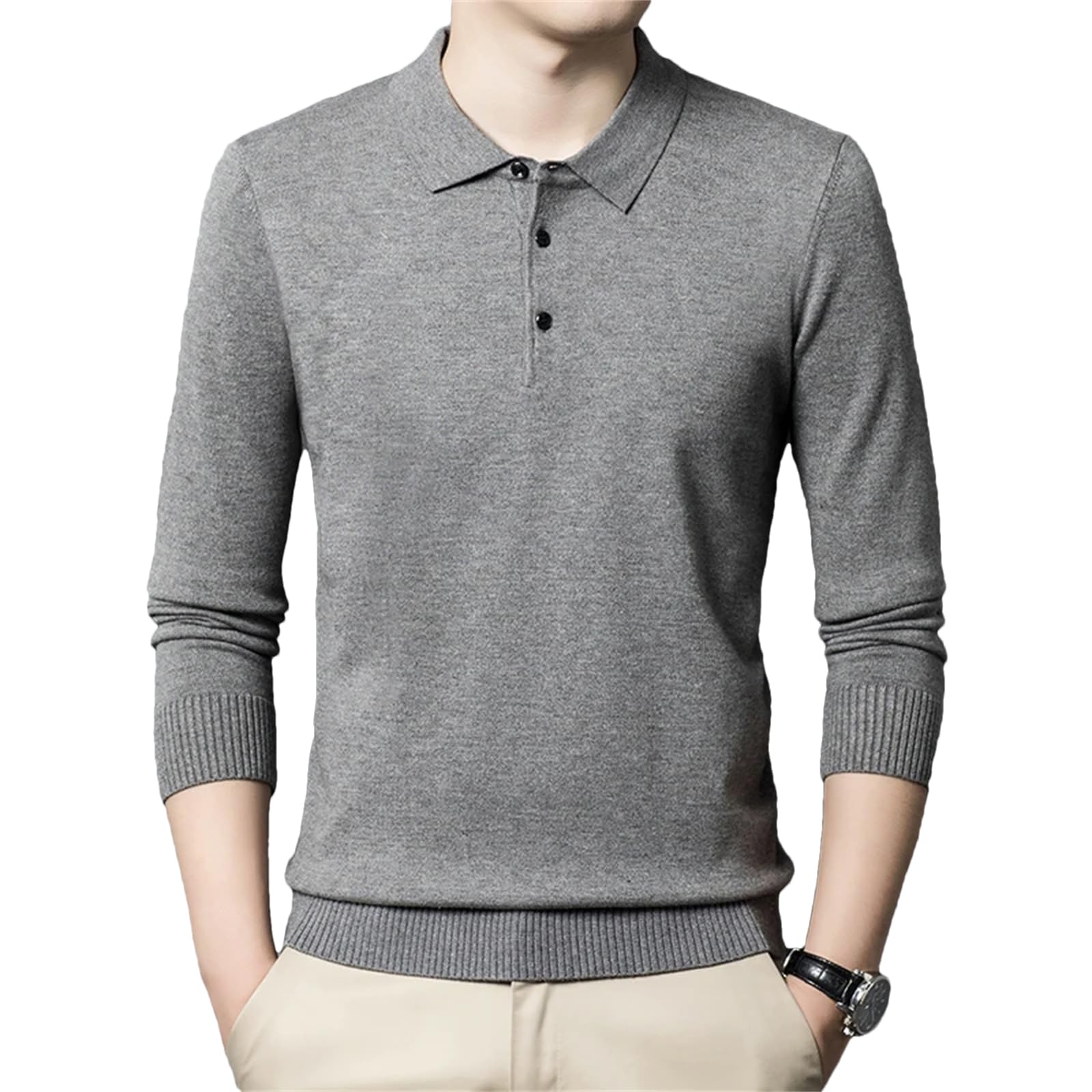 Vogrtcc Lässiges Langarm-Poloshirt für Herren, einfarbig, mit klassischer Knopfleiste