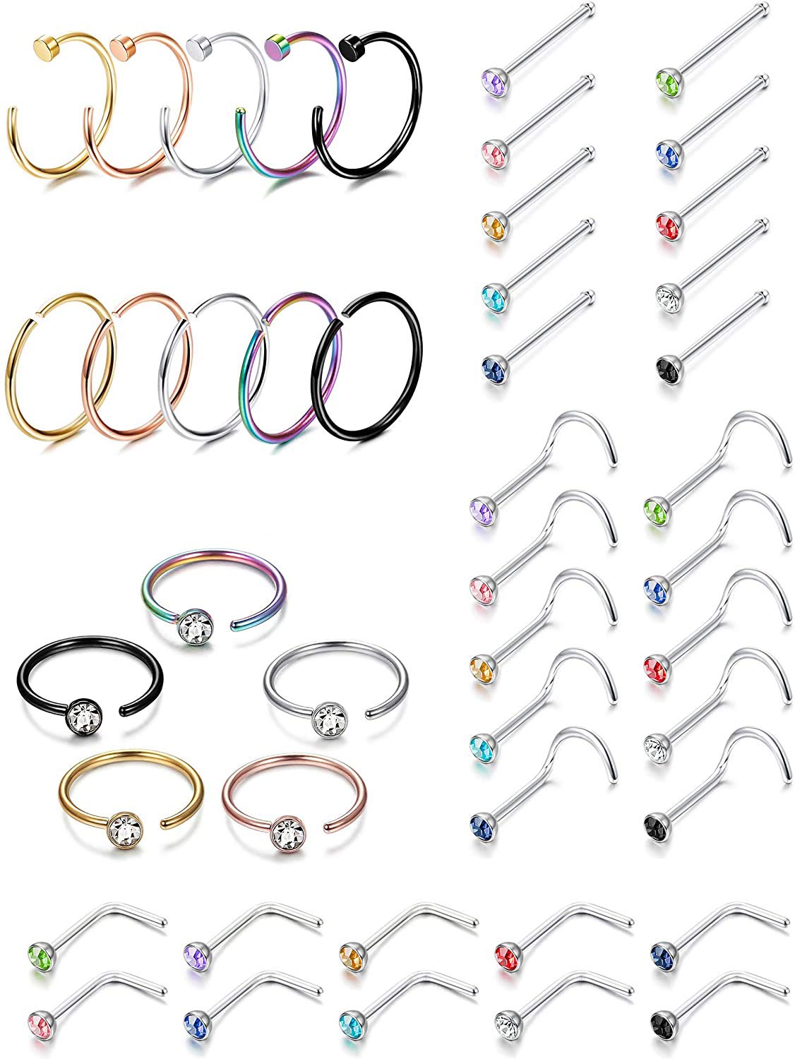 MILACOLATO 50Pcs 20G Piercing de Nariz Glitter Piercing de Nariz Anillo Quirúrgico Labios de Piercing de Acero Cartílago Helix Tragus Piercing Anillos Joyas para Mujeres Hombres