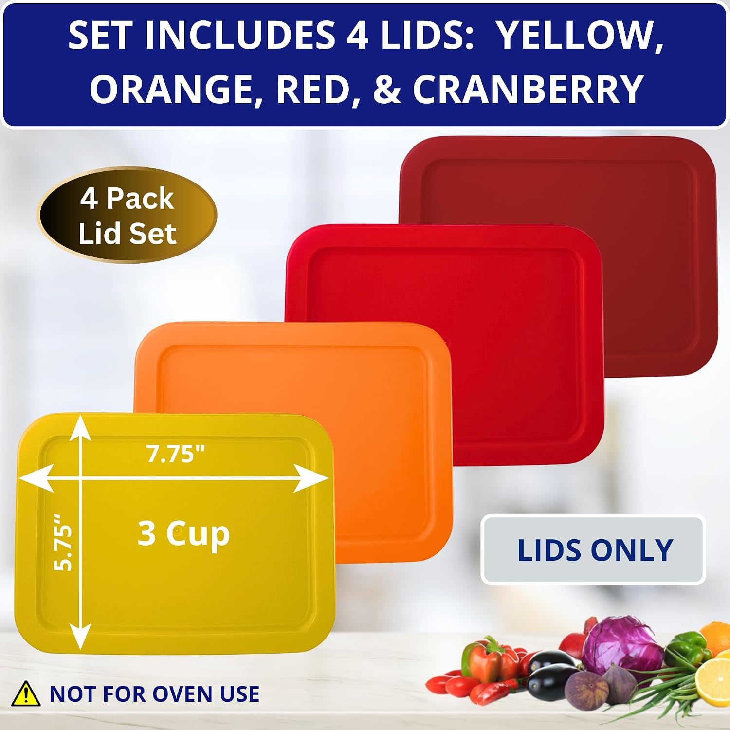 3 Cup/750 mL Red Replacement Lids/Covers for Pyrex 7210-PC, 3 Cup/24oz Anchor Hocking & Klare Ware Storage Bowls *Lids Only* - *Glass Container Not Included* (4 Pack, Yellow, Orange, Red, Cranberry)