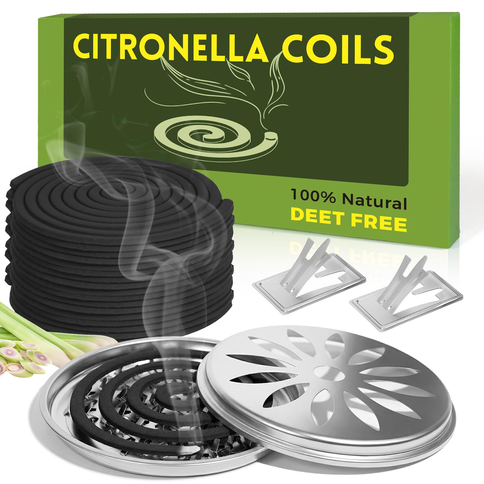 DERDUFT Citronella Incense Coils 20 Black Spirals with 2 Box Holders & 2 Stand Plates, Long Lasting Outdoor Coils for Garden Patio Camping, Up to 8-10 Hours per Spiral