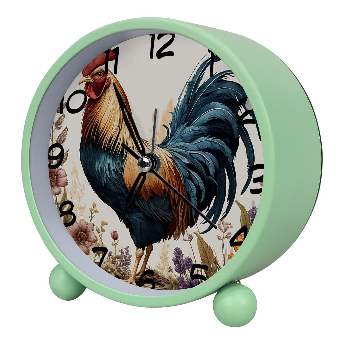 Luoweisi Analog Alarm Clock Rooster Flower, Silent Non-Ticking with Night Light, Battery Operated, Round Desk Alarm Clock for Office, Bedroom, Elderly, Adults, Children, Student Gifts