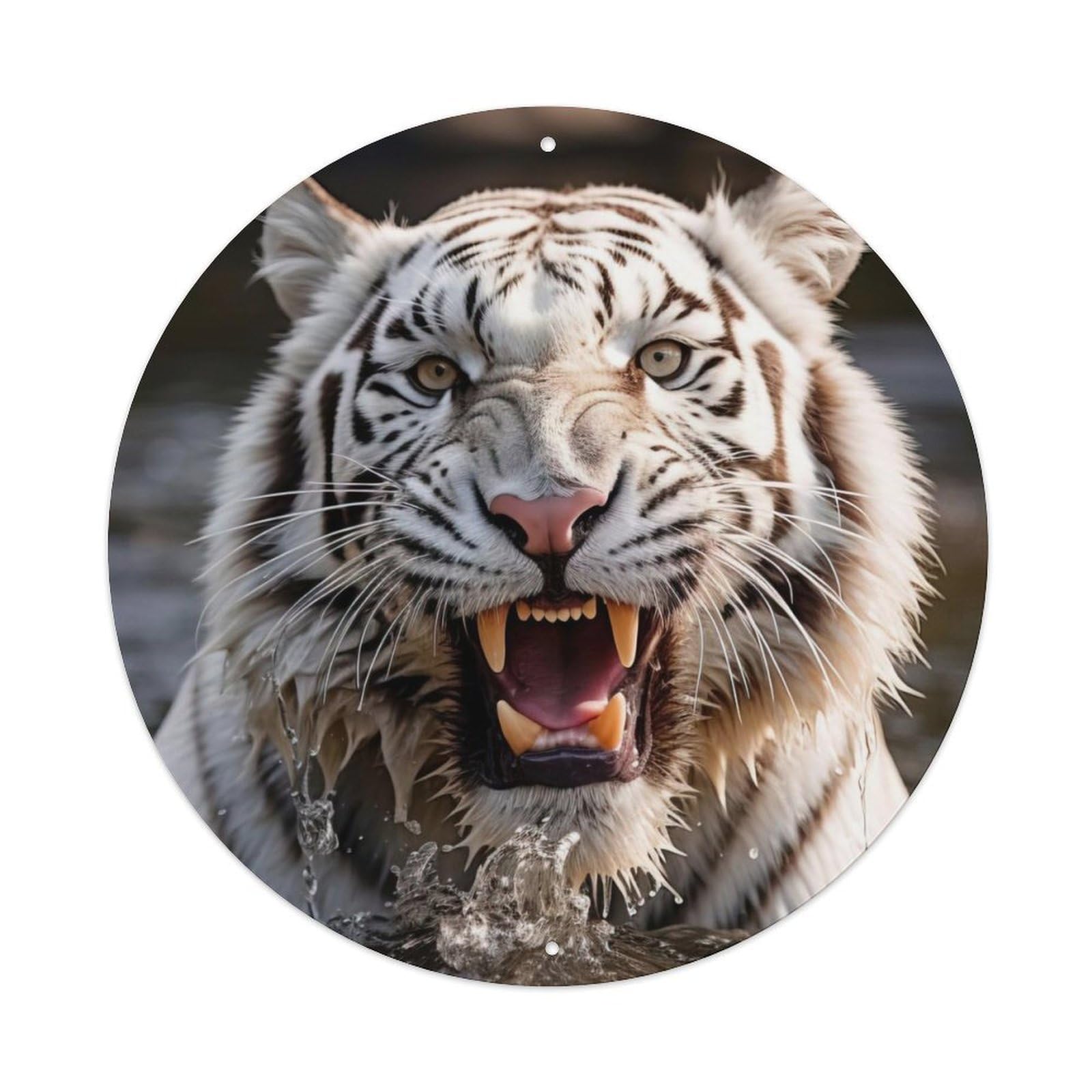 Animal Fierce White Tiger Vintage Metal Tin Sign Plaque Wall Decor for Cafe, Club, Garden Round Metal Poster 8x8Inch