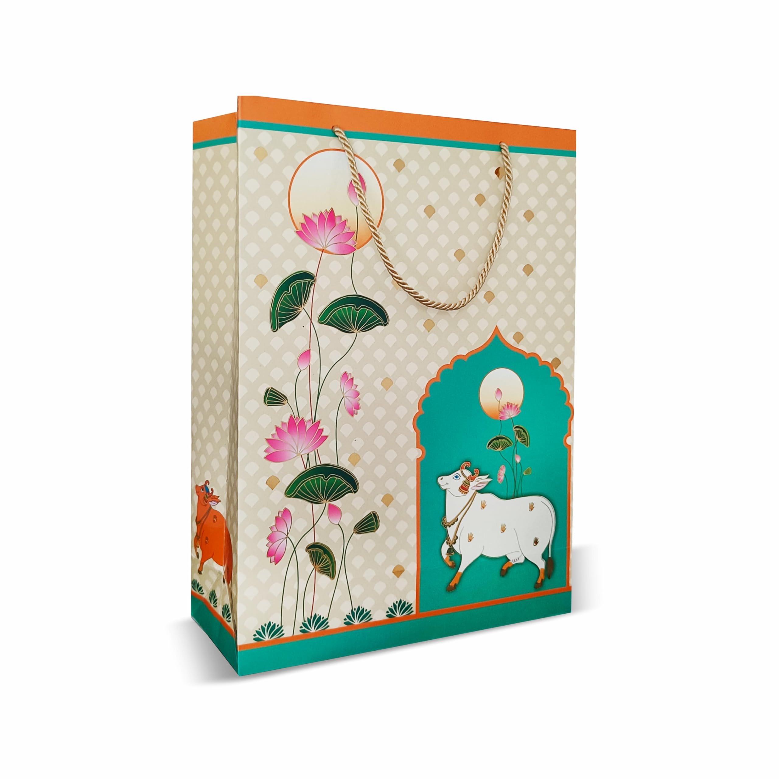 VESTTA -ELEGANCE REDEFINED Gifts Bags Large 10 x 4 x 14" (Inches), Vertical, Pichwai Design, Gloss Lamination, Gold Foiling, Pack of 5, For All Occasions with Gift Tags. (5)-image-6