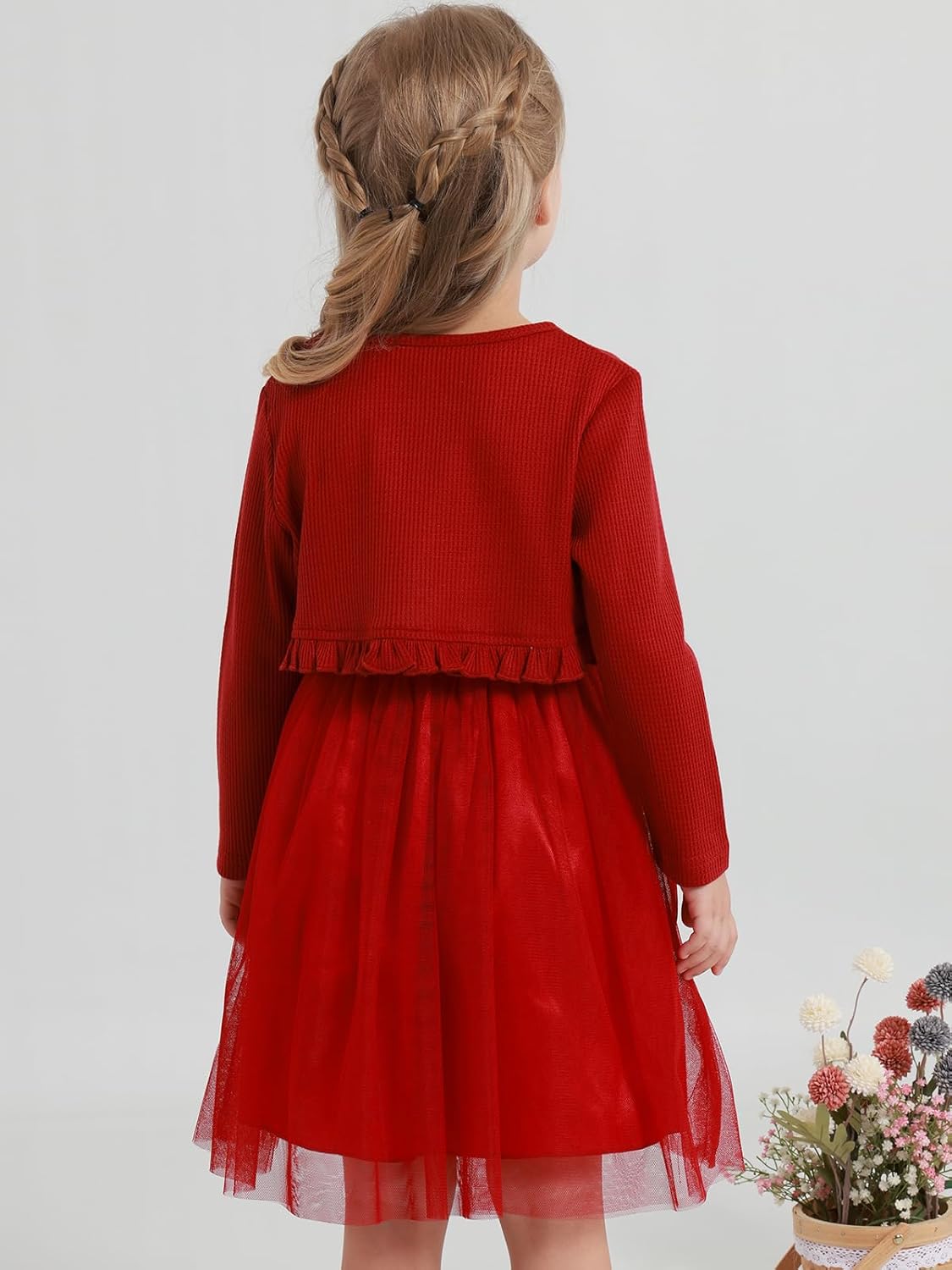 Little Girls Dress and Cardigan Set 2 Piece Floral Print Tulle Sleeveless Princess Dress and Long Sleeve Ruffle Shrug - Image 4
