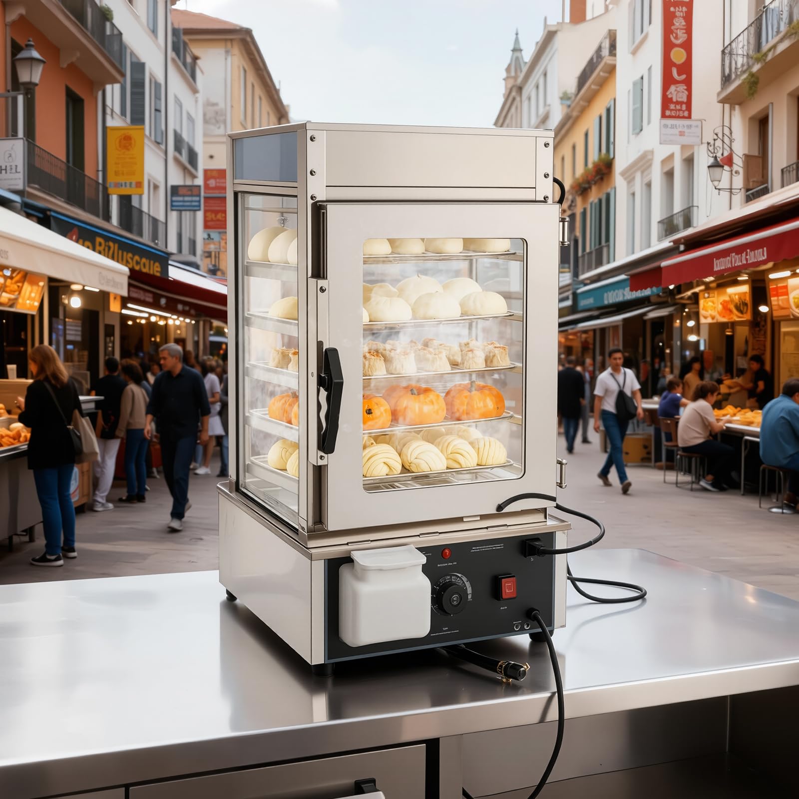 VEVOR Espositore Scaldavivande Commerciale a 5 Ripiani, Espositore Scaldavivande da 1200 W con Luce LED, Ripiano Regolabile e Struttura in Acciaio Inossidabile da 120 L per Hamburger, Pizza, Pane