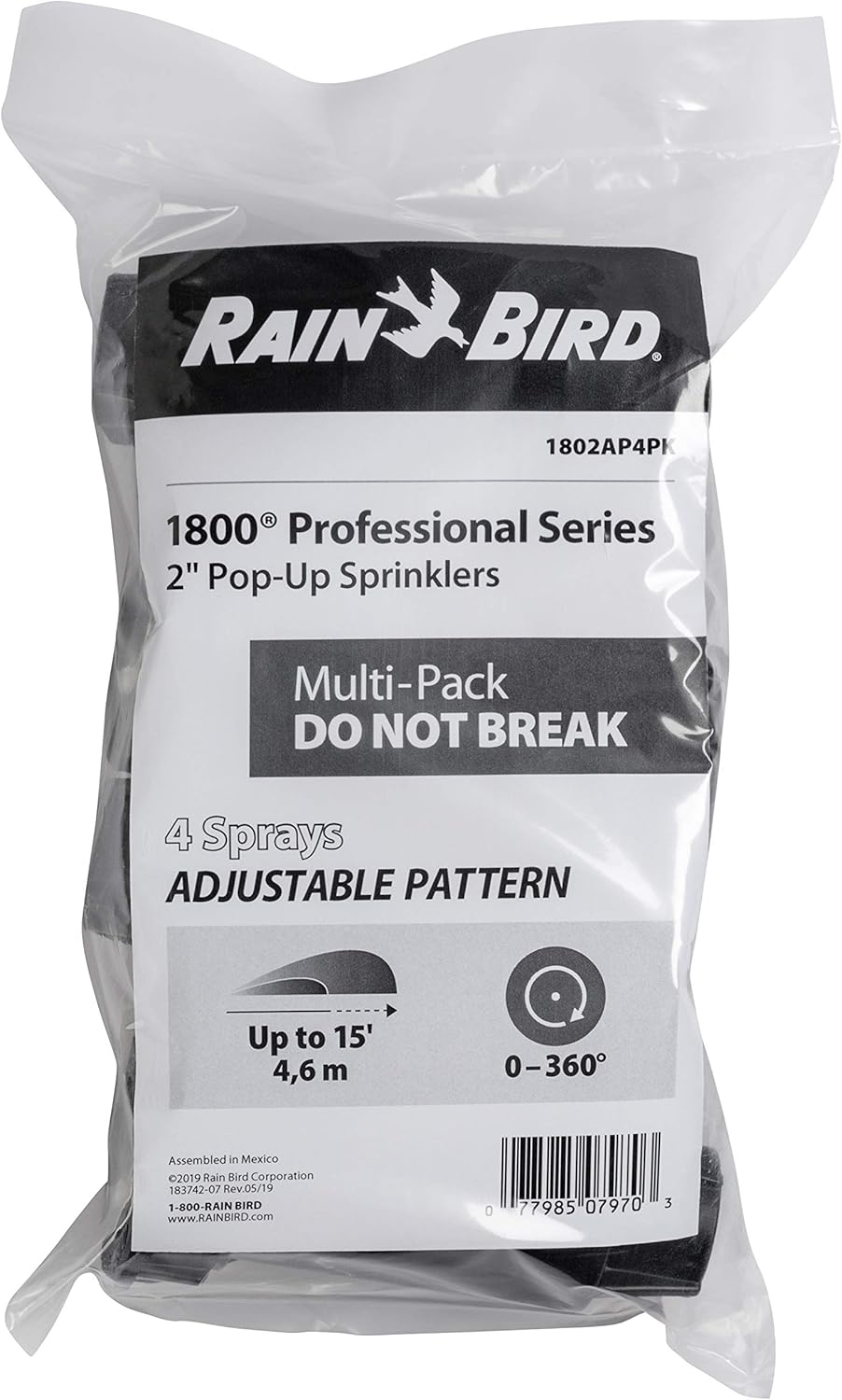 Rain Bird 1802AP4PK Professional Pop-Up Sprinkler, Adjustable 0-360° Pattern, 8' - 15' Spray Distance, 2" Pop-up Height, 4-Pack