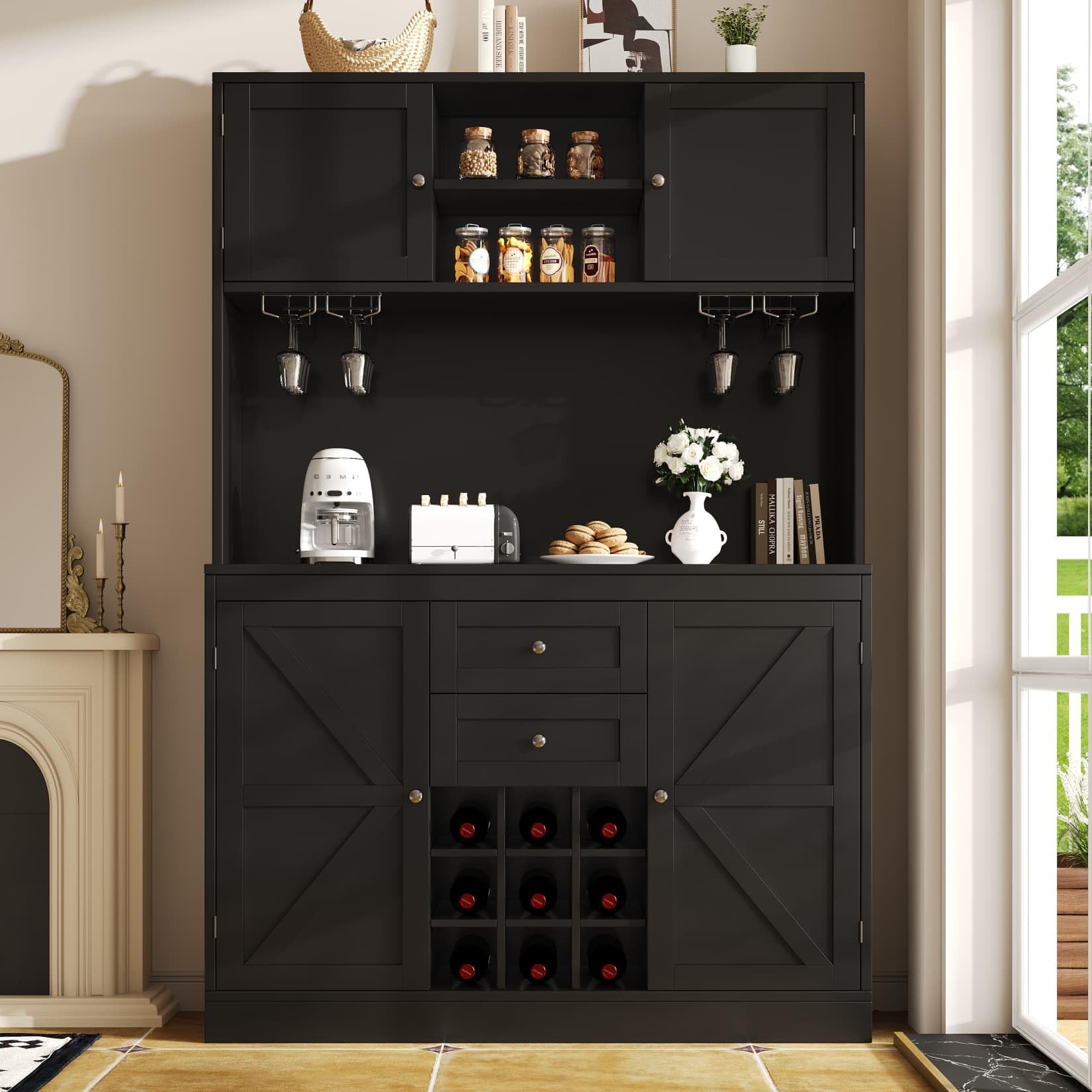 PUGSDRLY Buffet de Cuisine avec 4 Portes et 2 Tiroirs,Meuble de Rangement avec étagères réglables et casier à vin,Buffet Haut pour Cuisine,Salon et Salles à Manger,120x40x188cm (Noir)