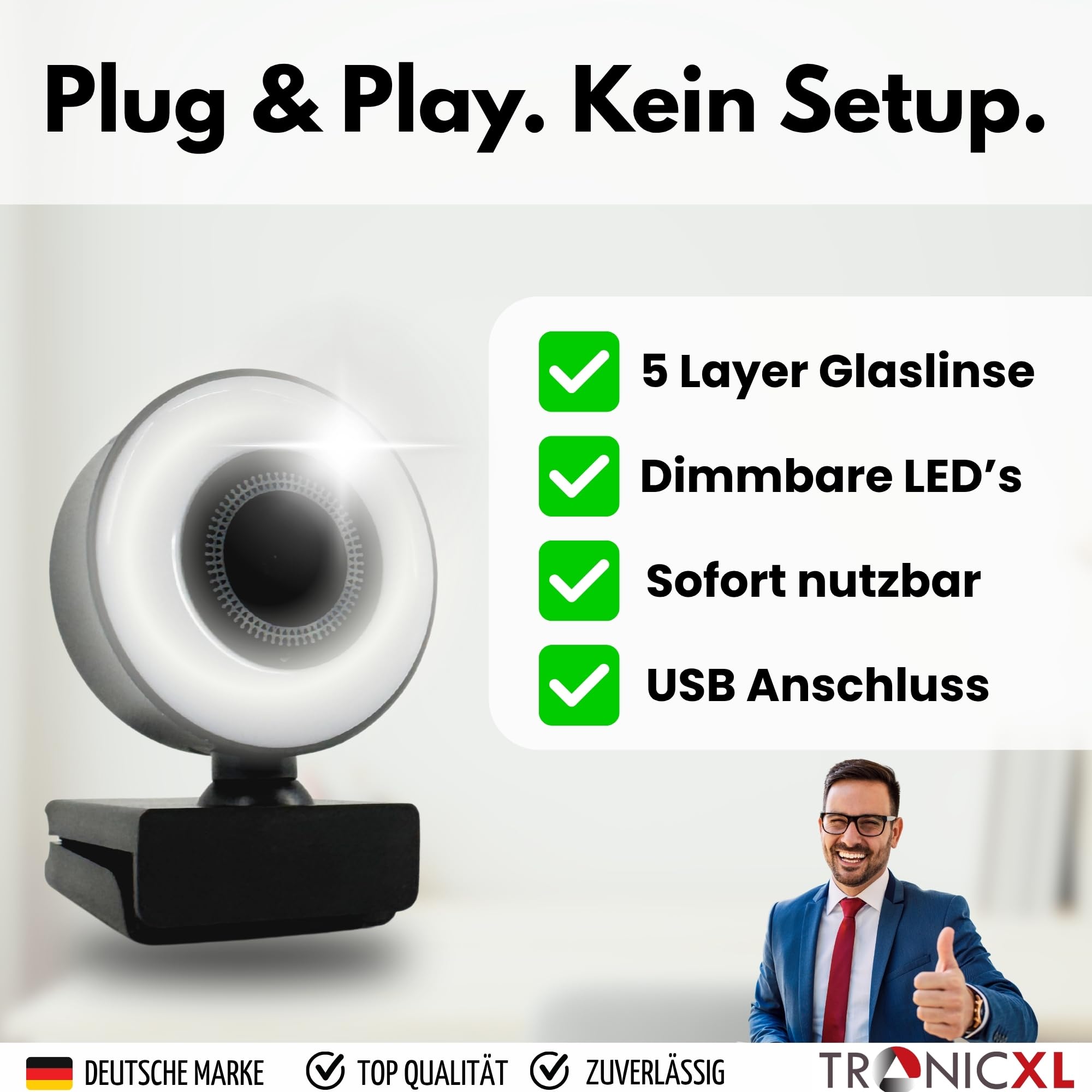 TronicXL Webcam Full HD con luce ad anello lampada 1920 x 1080p autofocus I 2 microfoni cancellazione del rumore sfondo I per streamer streaming videoconferenze gaming computer computer portatile per