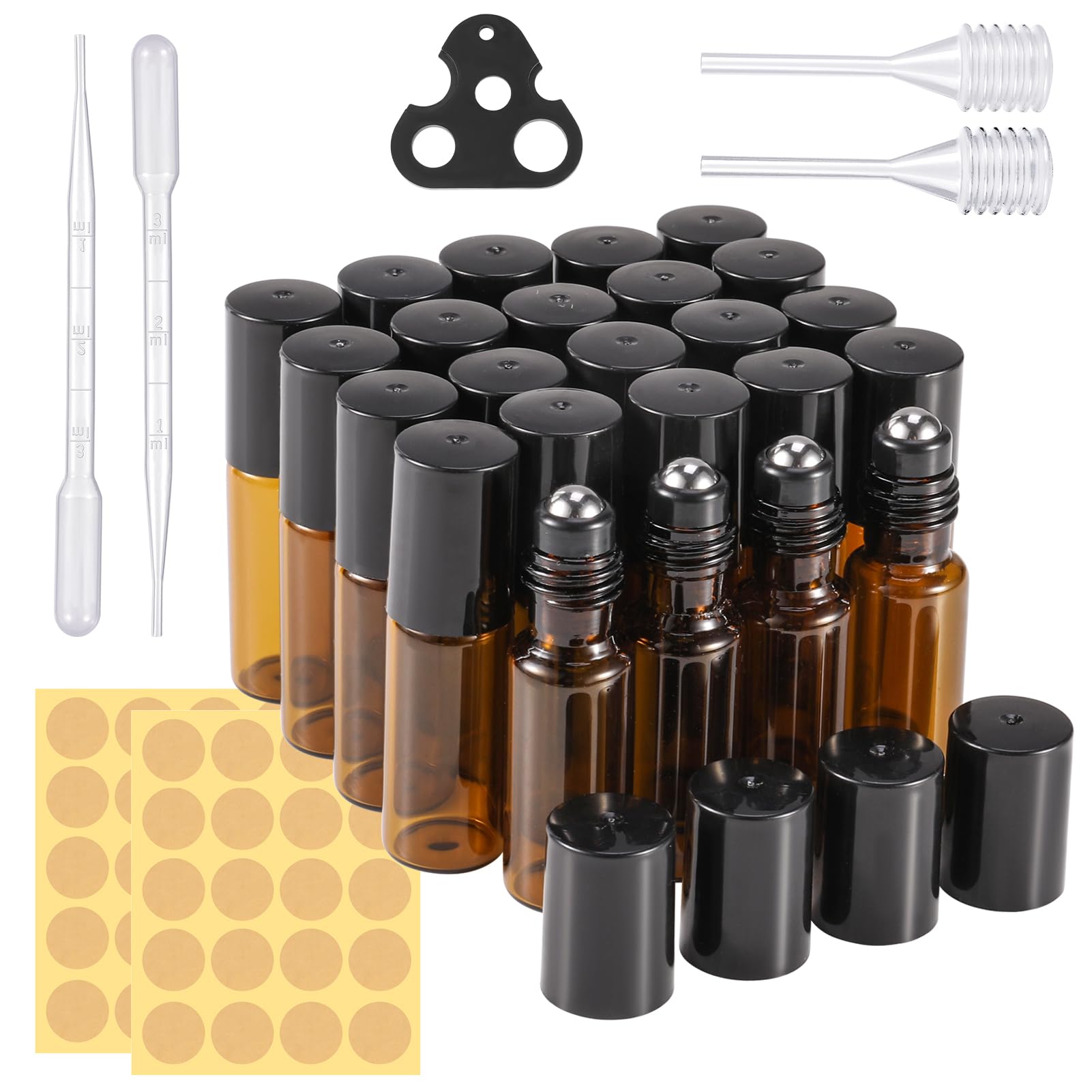 Newofview Ätherische Öle Roller Glasflaschen, 24 Stück Roll on Flasche Leer 5ml, mit Edelstahl Roller Ball, Tropfer, Öffner, Aufkleber, Probe Glasflaschen für Duftstoff, Parfüm, Massage, 31 Pack
