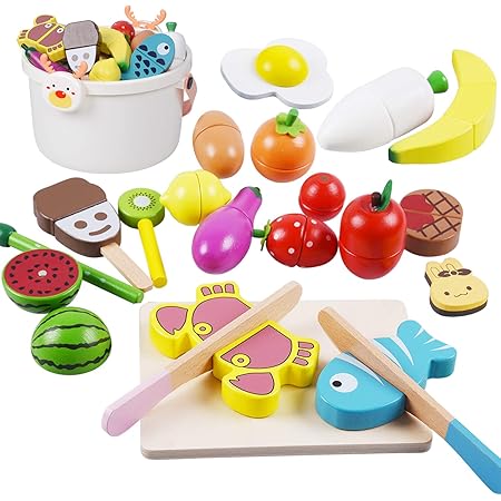Amazon 木製 おままごと セット マグネット ごっこ遊び 木のおもちゃ 木のおままごと 切る遊び 人気 きれる食材 料理 野菜 果物 食べ物 フライハ ン まな板 お玉 包丁付き 磁石式 調理ごっこ キッチン ままごと クッキングセット 学習 知育玩具 6歳 孫 男の子 女の子