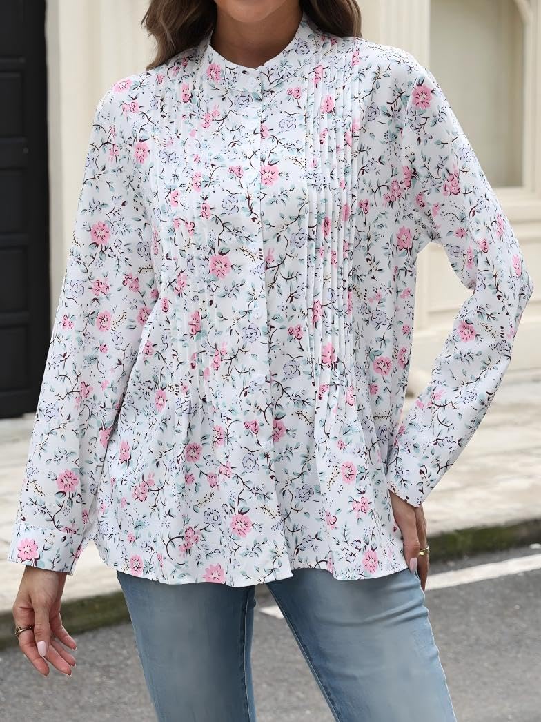 Womens Long Sleeve Button Down Up Shirt Floral Boho Early Fall Clothes Pleated Green Leaves Crewneck Top Work Blouses - Image 3