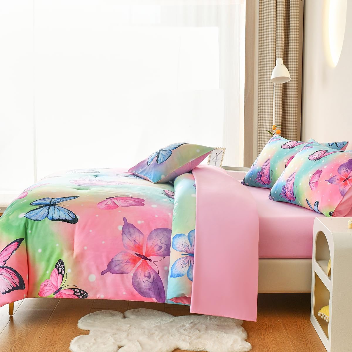 6 Pcs Bed in A Bag Full Comforter Set for Girls,Pink Butterfly Bedding,Butterfly Comforter Sets with Sheets for Kids Teens - Image 8