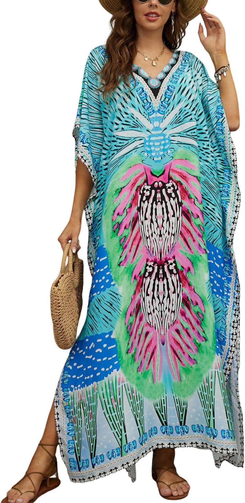 Women's Plus Size Animal Print V-Neck Batwing Kaftan Beach Dress Bathing Suit Cover-Up Loungewear