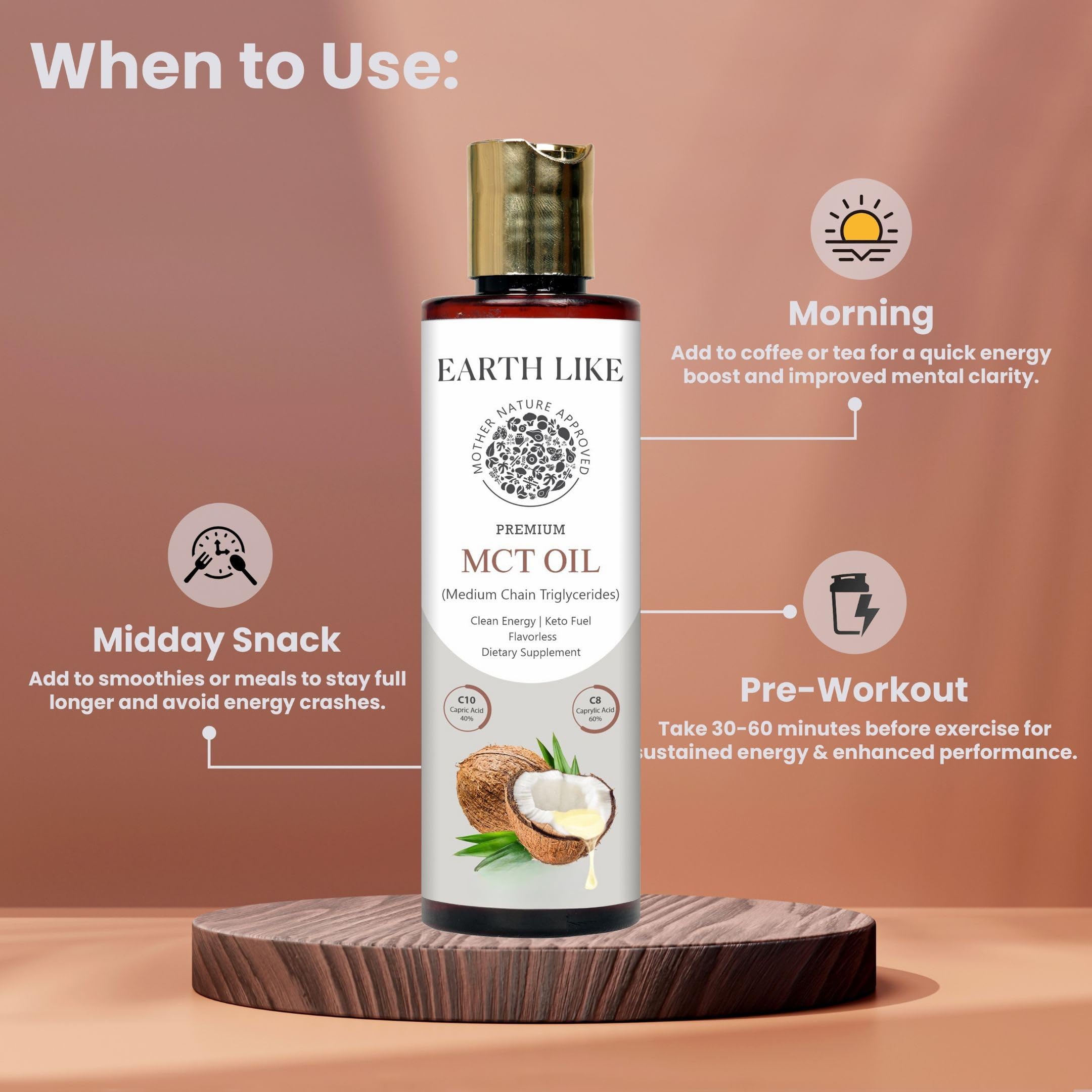 Earth Like MCT Oil 200ml | 100% Pure Medium Chain Triglycerides from Coconut Oil For Energy & Metabolism Boost | Quick Energy Source for Keto & Low-Carb Lifestyles | Easy Daily Nutrition Oil 1