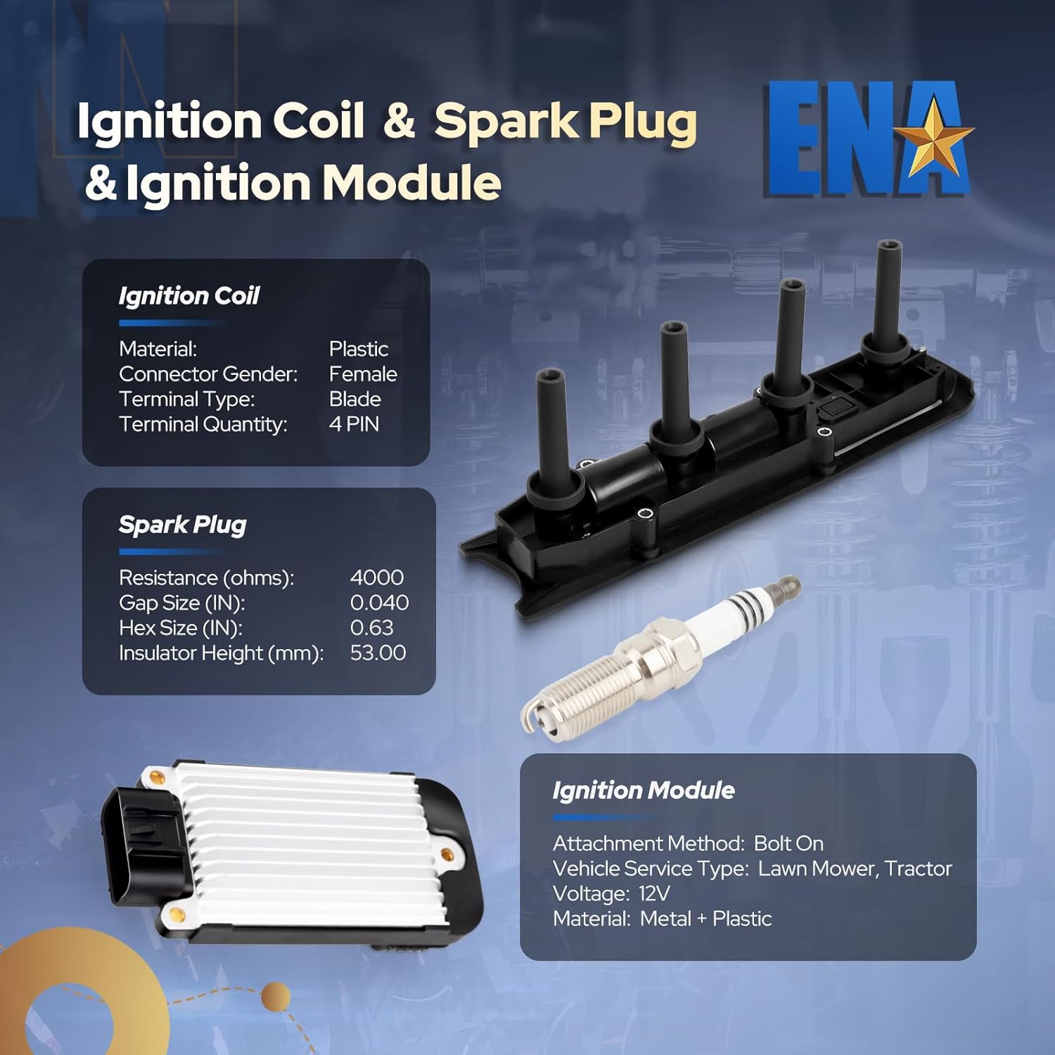 ENA Ignition Coil Pack with Ignition Module and Set of 4 Platinum Spark Plug Compatible with Chevrolet Oldsmobile Saturn Pontiac Cavalier Malibu Alero Sunfire 2.2L 2.4L L4 Replacement For 5263 UF391