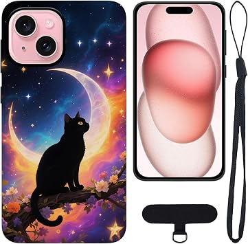 2 in 1 Phone Case for iPhone 15 Cover, Vibrant Colors Protective Case, Two-layer Shockproof, Moonlight Cat