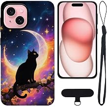 2 in 1 Phone Case for iPhone 15 Cover, Vibrant Colors Protective Case, Two-layer Shockproof, Moonlight Cat
