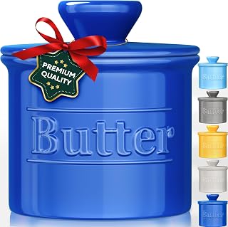 Premium Butter Crock with Lid - Original Design French Butter Dish - Beautiful Ceramic Butter Keeper for Counter with Water Line - Perfect to Keep Butter Soft and Spreadable - Dark Blue