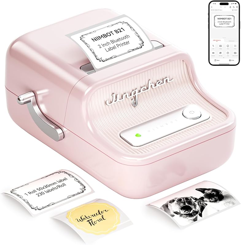 NIIMBOT B21 Label Maker, 2 Inch Bluetooth Thermal Label Printer, Pink | Retro Sticker Printer, for Address, Logo, Canning Jar, Candle, Mailing,Gift, Compatible with Phones and PC