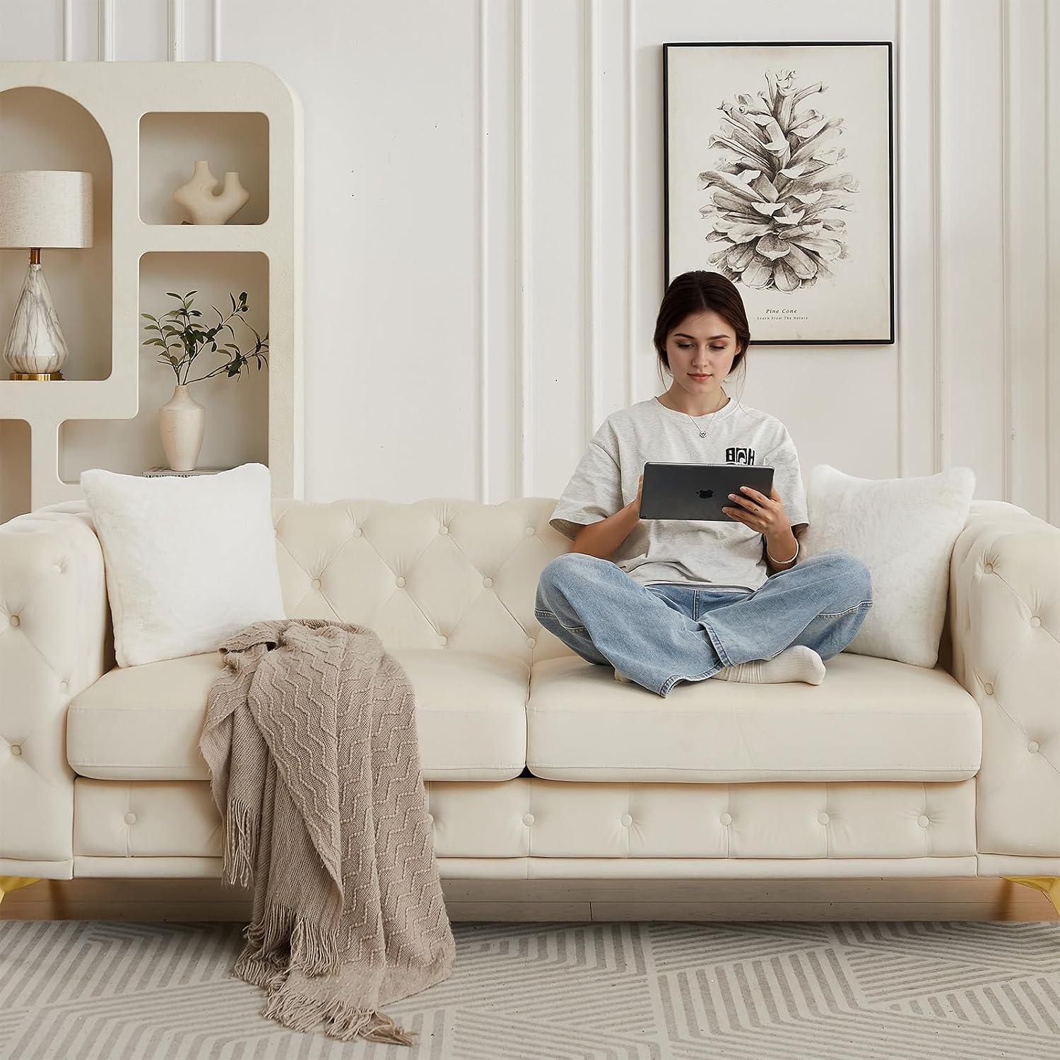 Antetek 61.25-inch Loveseat Sofa, Chesterfield Vintage Mid Century Modern Velvet Fabric Upholstered Button Tufted Deep Seat Sofa Couch with 2 Throw Pillows for Living Room Office Apartment, Beige