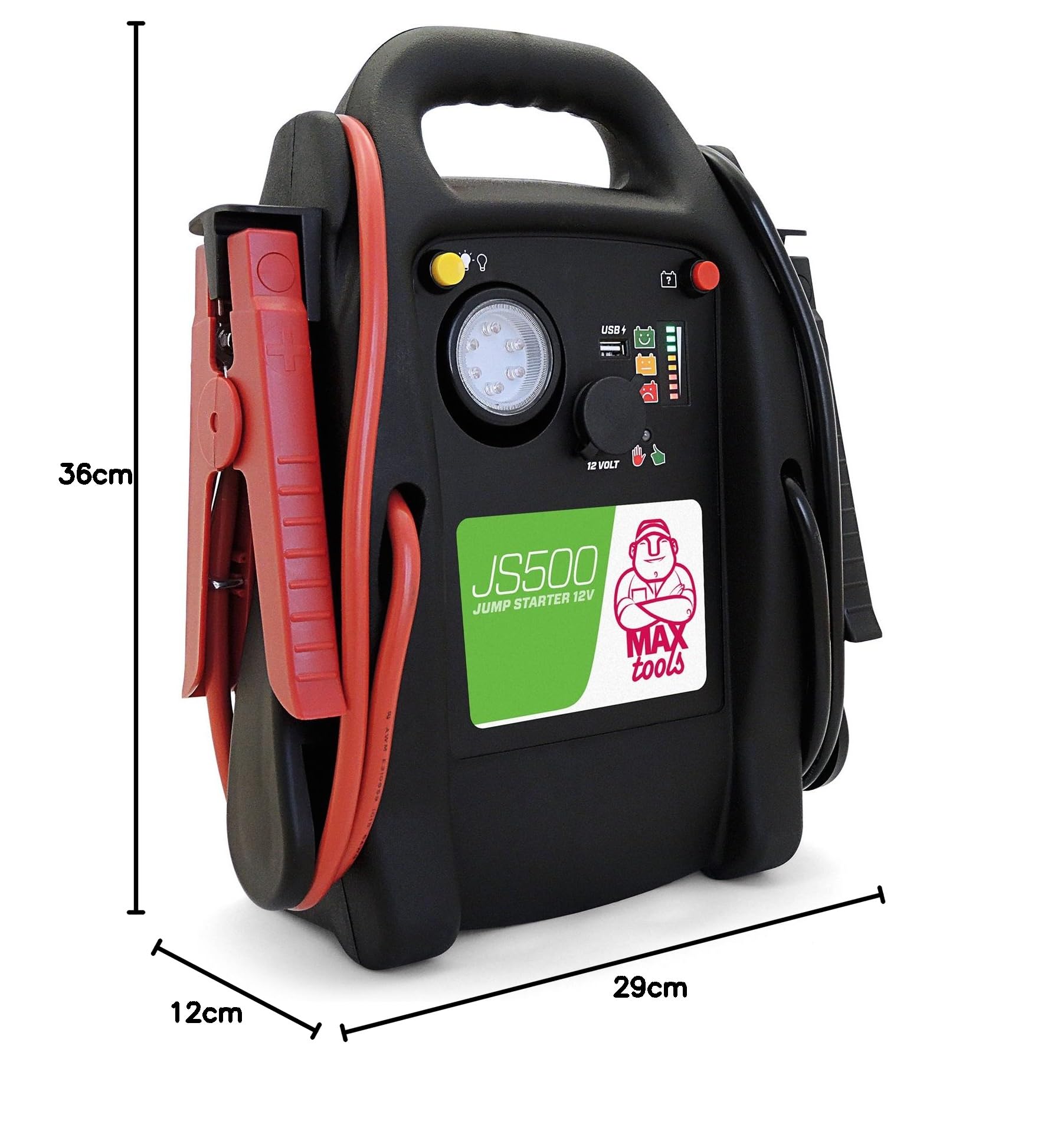 MAXTOOLS JS500 2200 A 22 Ah, arrancador de emergencia para coches y furgonetas, motores diésel y gasolina de 12 V, arrancador, con linterna LED, puerto USB y cables de conexión