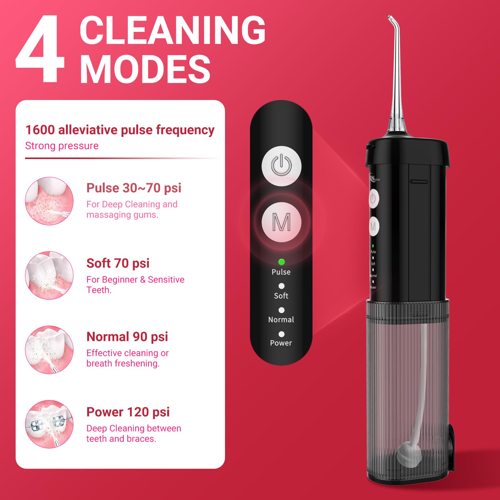 JNGOODS Mini irrigador bucal portátil irrigador bucal limpiador de dientes de agua, tanque de agua telescópico, 4 modos e impermeable IPX7, hilo dental de agua para el hogar y los viajes, para el