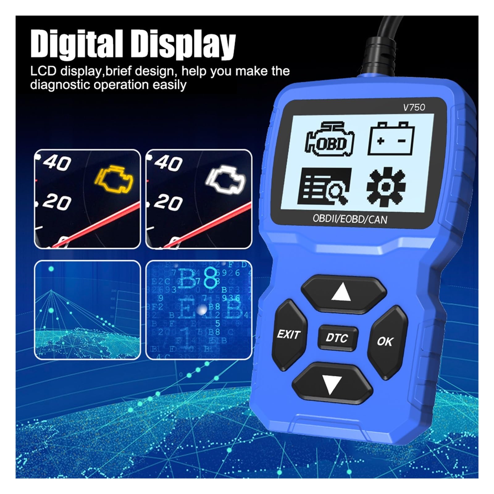 Tester batteria OBD2 Scanner Controllo motore Lettore codice V750 Strumento diagnostico auto multilingue Leggi informazioni veicolo
