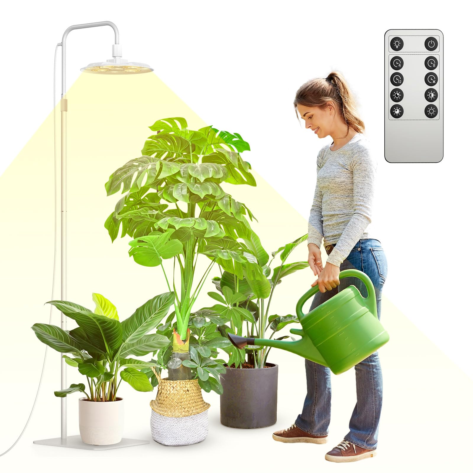 SANSI LED Pflanzenlampe Vollspektrum für Zimmerpflanzen, 125W Stehende Dimmbare Grow Lampe mit Fernbedienung für Pflanzenwachstum, 120–180cm Höhenverstellbar, 4/8/12 Stunden Timer, 4 Helligkeits