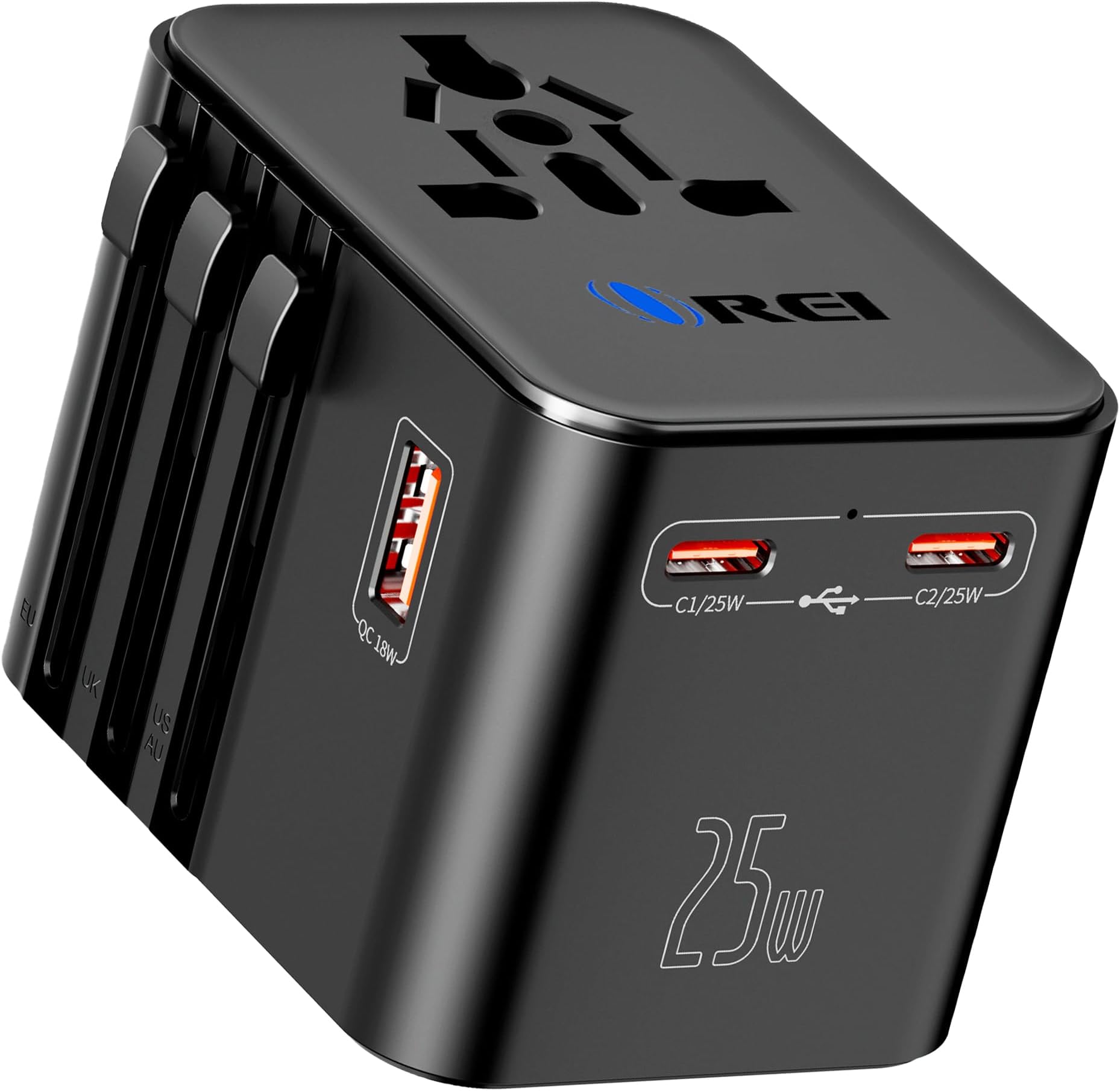 Orei 25Watt Universal Charger Adapter | 2X USBC 1XUSB A - 4-in-1 International Travel Adapter | Universal Travel Adapter Compatible 150+ Countries | Type C, A, G, I Compatible, Black