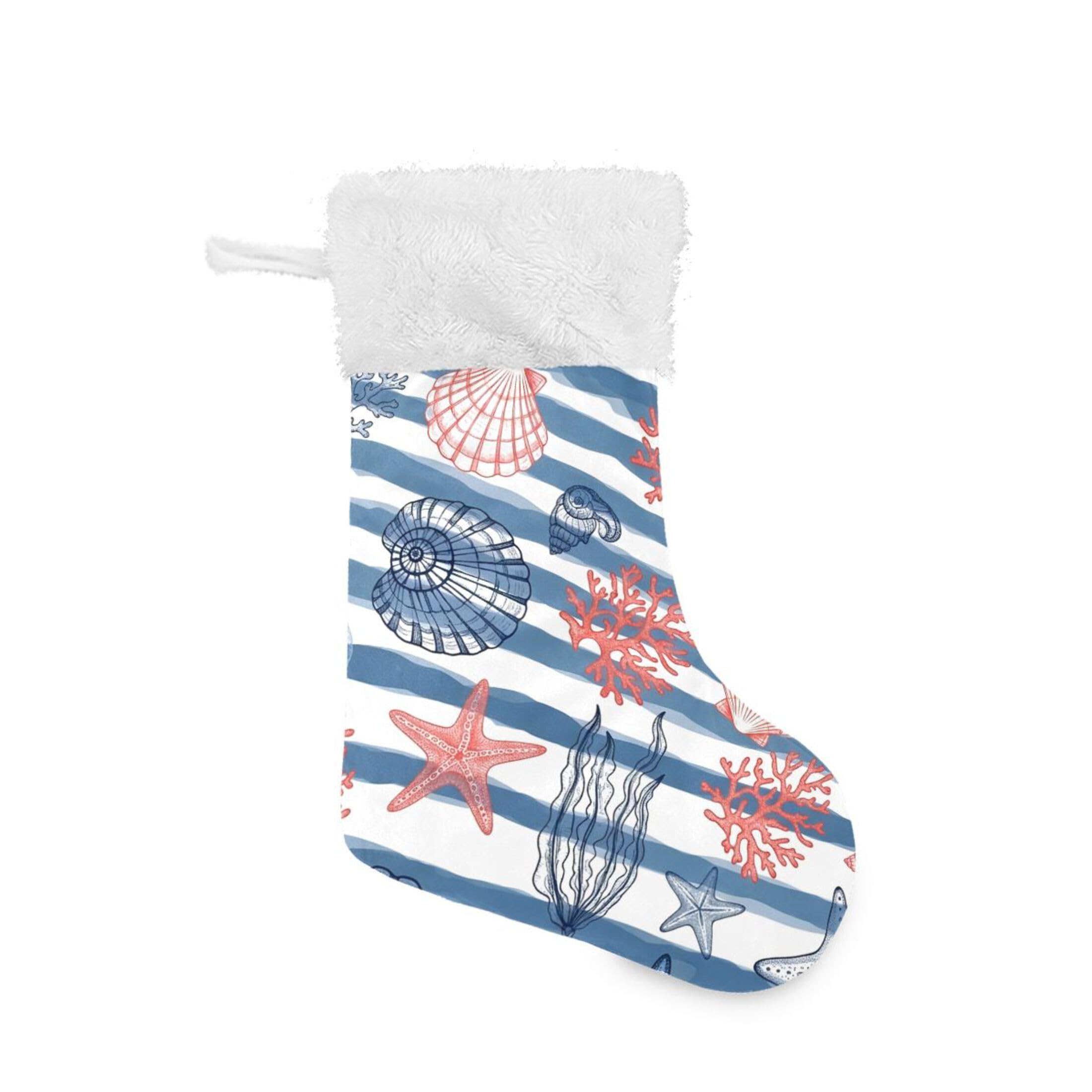 Fuauuyl Seashells Starfish Christmas Stocking 18 In Xmas Hanging Stocking with Plush Cuff for Family Holiday Party Fireplace Decorations, 1 Pack