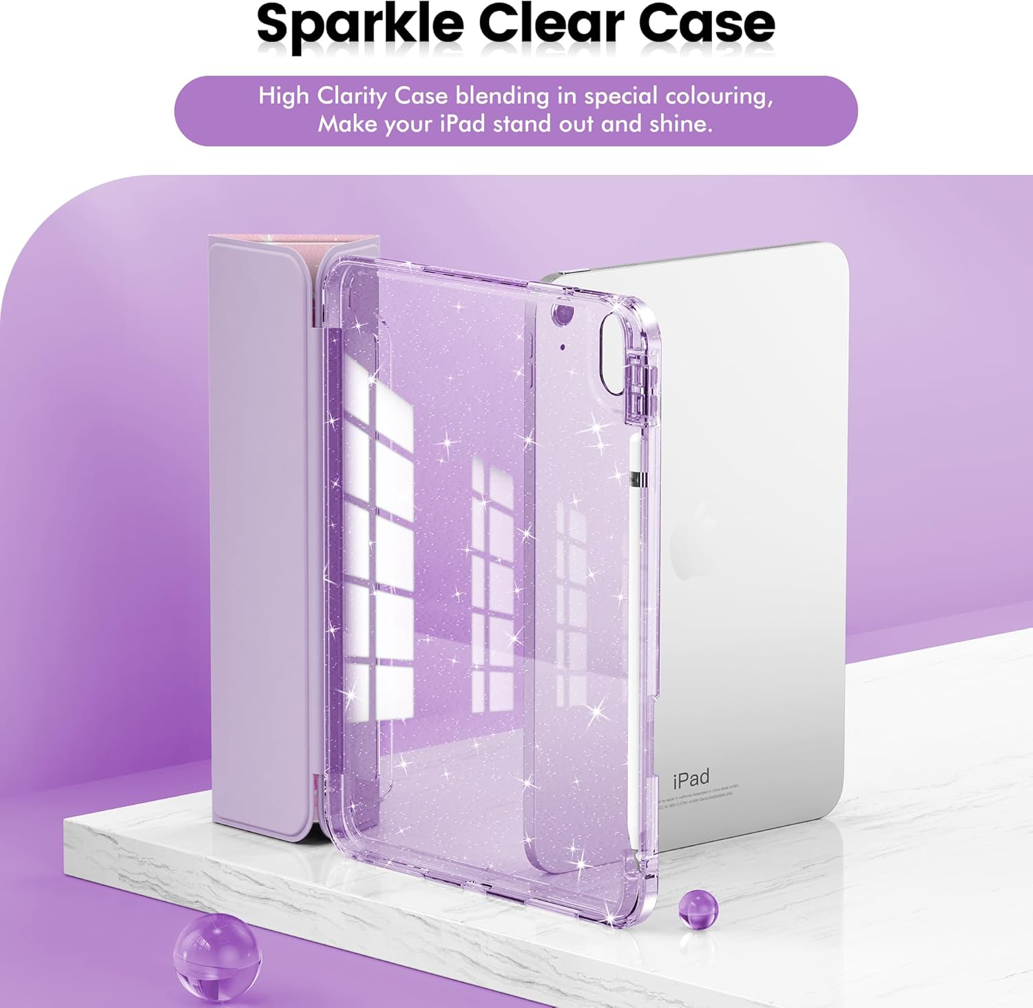 INFILAND Compatible with iPad 10th Generation Case, iPad Case 10th Generation 10.9 Inch, Glitter Leather Cover with Sparkly Crystal Clear Back, Pencil Holder, Anti-Yellowing (Purple Flutter)