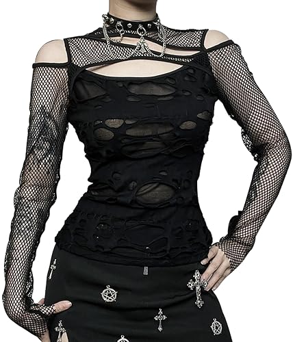 Maeau - Women's Gothic Punk Tank Top Black Crop Top Short Sleeve Casual T-Shirts Summer Camisole S M L for Party Club - Black 06 - M