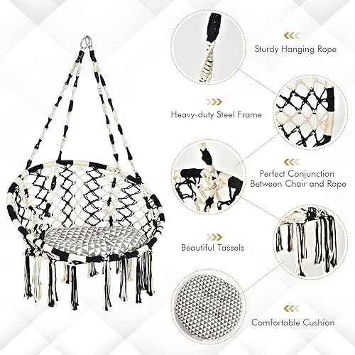 Miniatura 5 de Giantex Silla tipo hamaca, hamaca de macramé con cojín, cuerdas de algodón colgantes, marco de acero, silla colgante bohemia para dormitorio con
