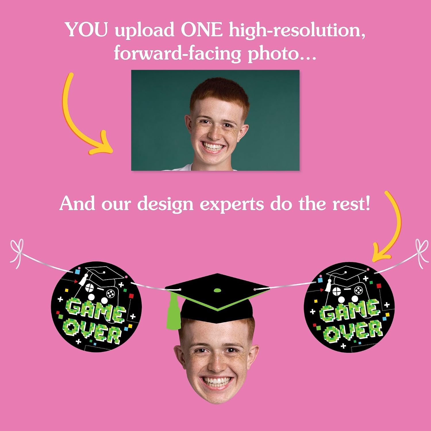Big Dot of Happiness Custom Photo Video Game Graduation Garland Banner, Personalized Grad Party Decoration, Face Cutout Banner Backdrop, 30 Feet of Cord, 5 Game Over Shapes & 5 Faces with Grad Caps