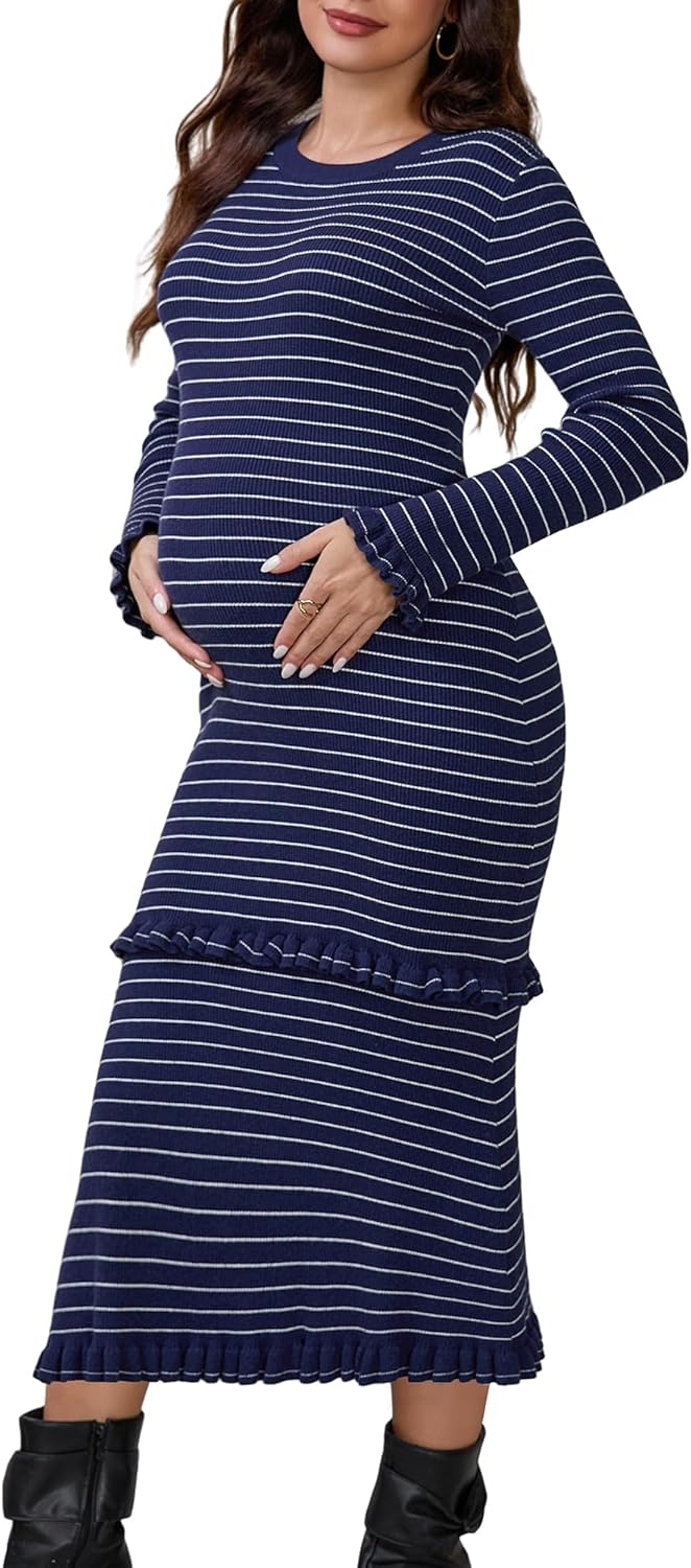 Women's Maternity Sweater Dress Ribbed Knit Stripped Tiered Ruffle Long Sleeve Midi Dresses Fall Winter